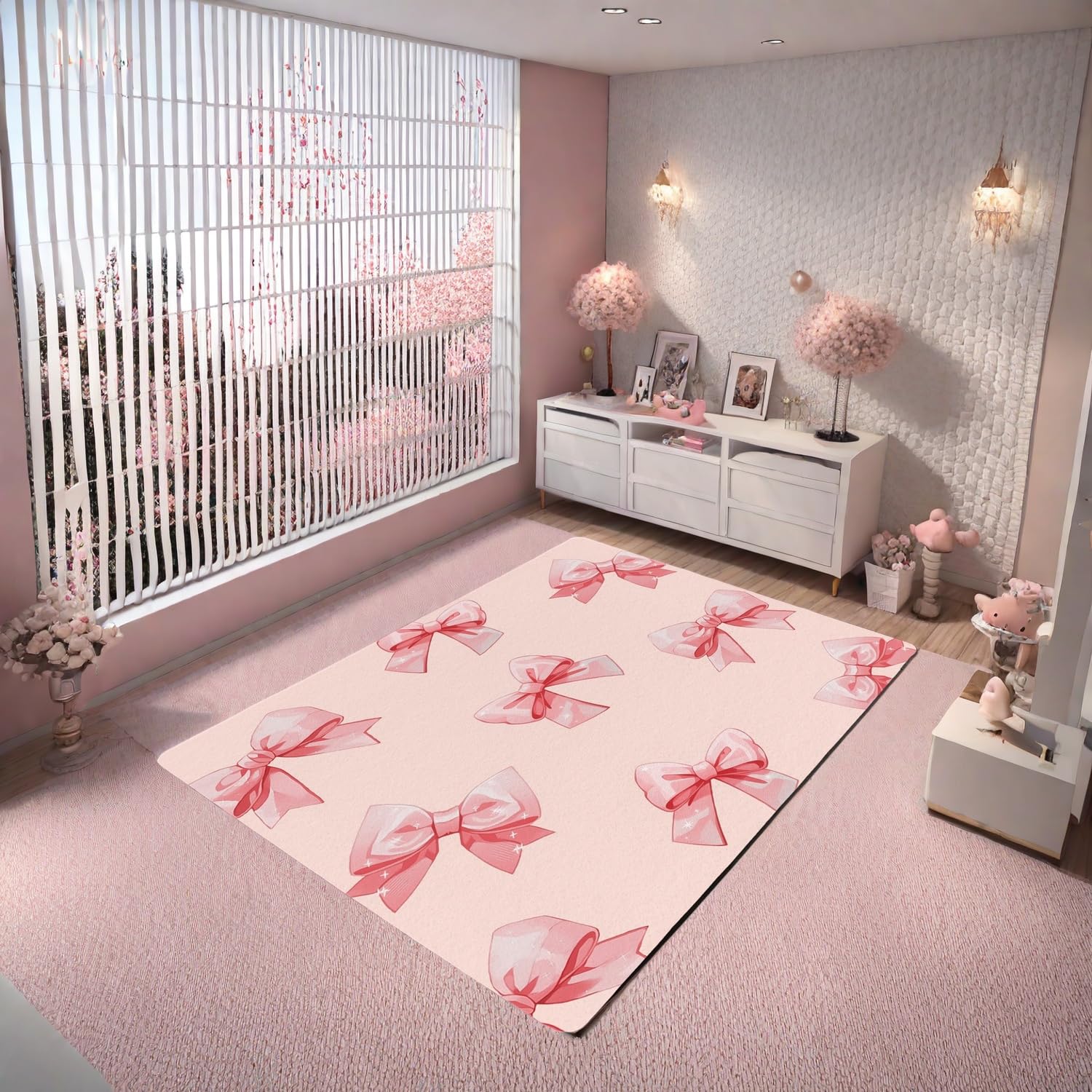 Cute Kawaii Bowknot Carpet 6'6" x 4'11",Pink Bow Area Rug for Kids Girls Teen,Dreamy Princess Indoor Floor Mat,Romantic Watercolor Bowknot Room Decor