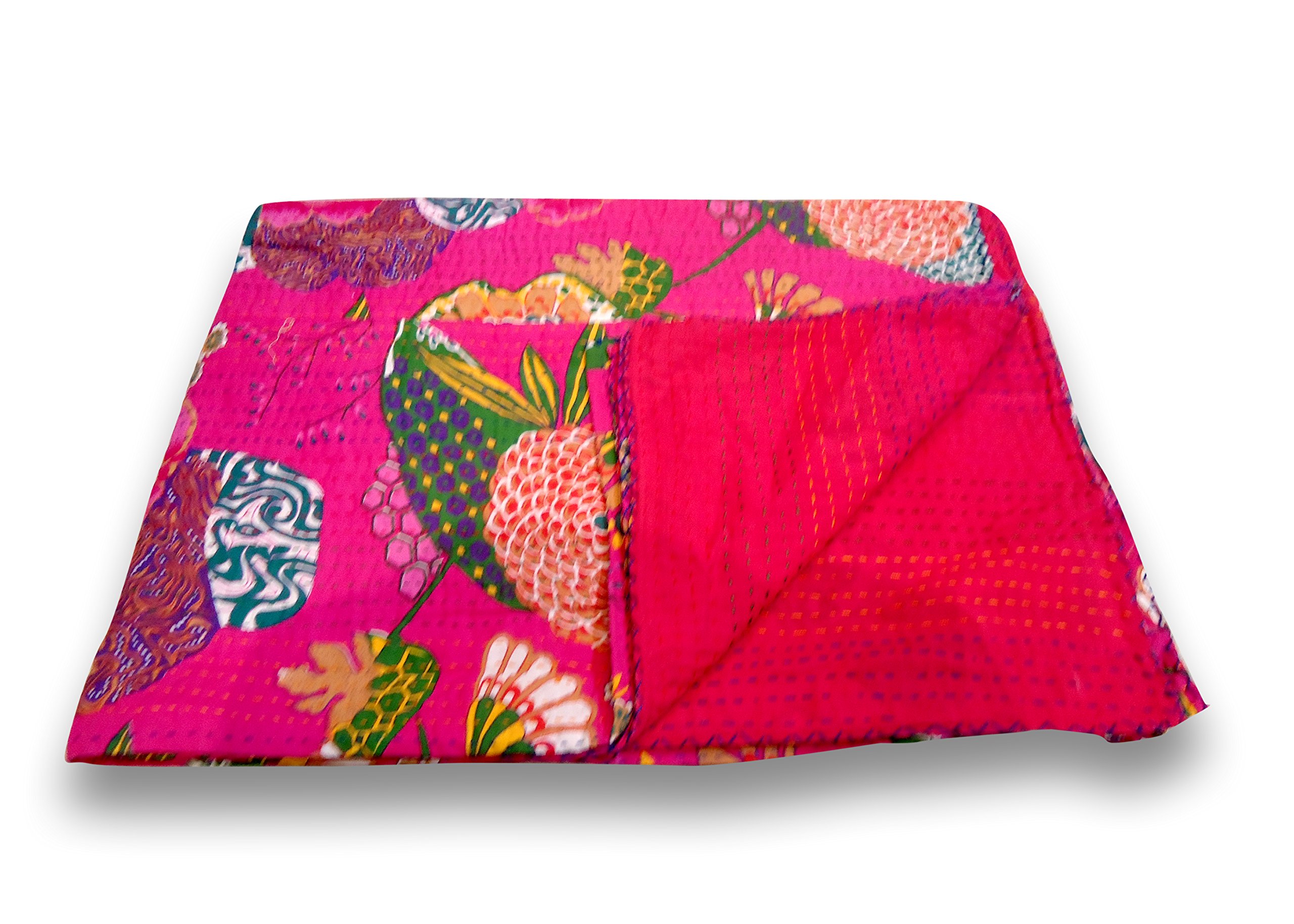Sophia-Art Kantha Queen Gudri - Colcha De Algodón Con Estampado Floral Tropical, Hecha A Mano, Diseño Clásico De Frutas, 228,6 X 274,3 Cm, Rojo, 90 * 108 Inches