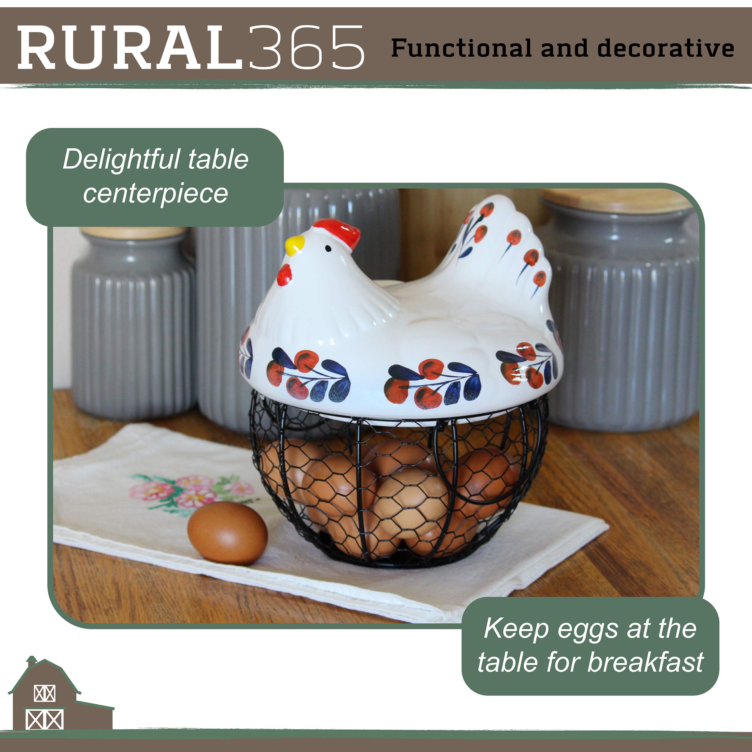Ceramic Hen Egg Storage Basket With Iron Wire Holder – Holds 50 Eggs, Red Chicken Design, Kitchen Counter Organizer