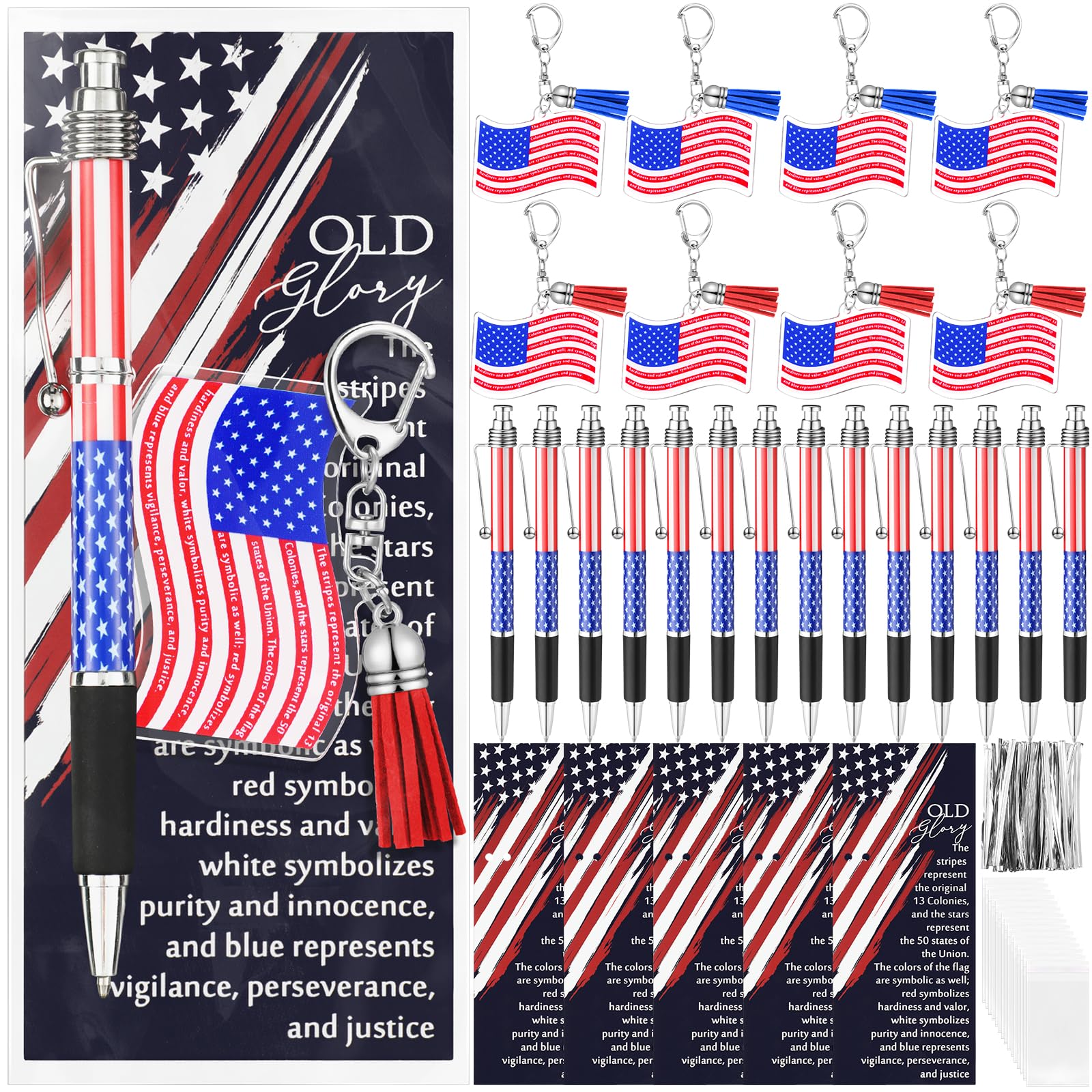 Sayglossy 30 Sets Valentines Souvenirs Gift American Flag Ballpoint Pen Flag USA Acrylic Keychain with The USA Patriotic Themed Card Souvenirs Gifts