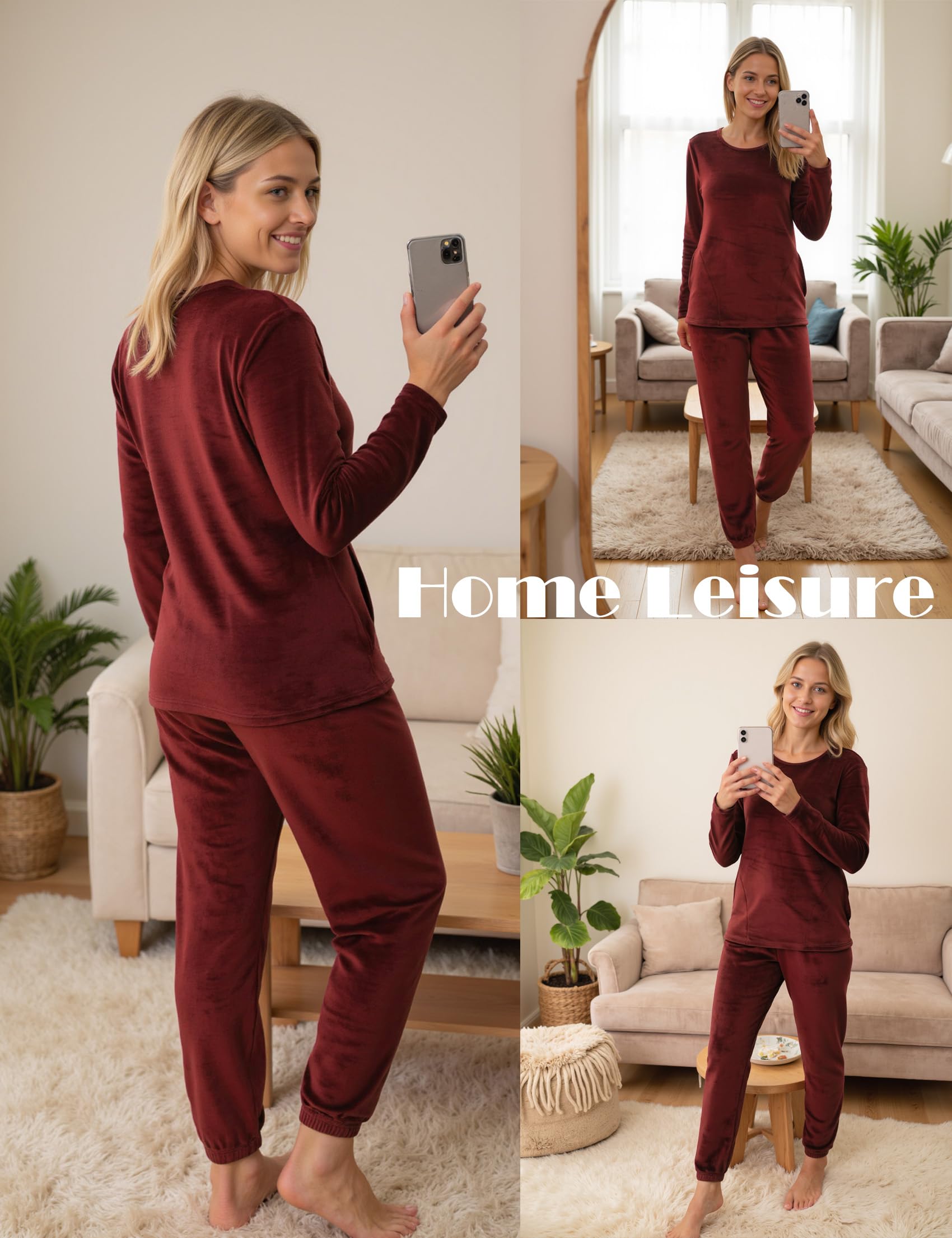 Wayleb Pigiama Donna Invernale Due Pezzi,Velluto Loungewear Tuta Casa Calda Autunno Inverno Manica Lunga Girocollo Maglia Top con Tasche e Pantaloni S-3XL
