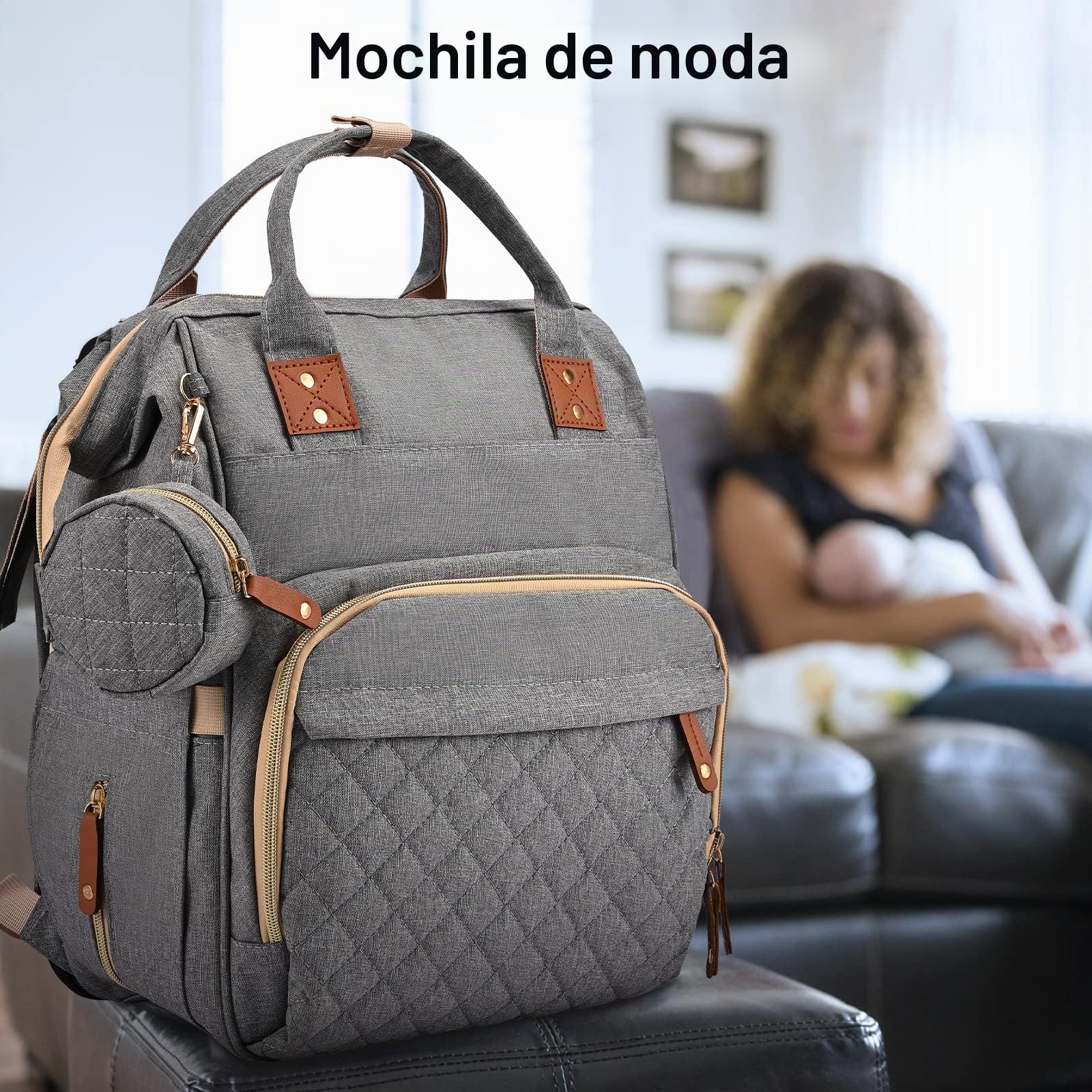 Bolso del Bebé Mamá Multifuncional, Mochila Cambiador de Bebé con Cuna Plegable, Mochila de Pañales con Puerto de Carga USB, Bolsa de Pañales de Tela Oxford Impermeable de Gran Capacidad para Bebé