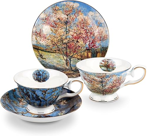 Van Gogh Paintings - Juego de 2 tazas de té florales, porcelana de hueso de 7 onzas, tazas de café británicas de porcelana para té de rosa,