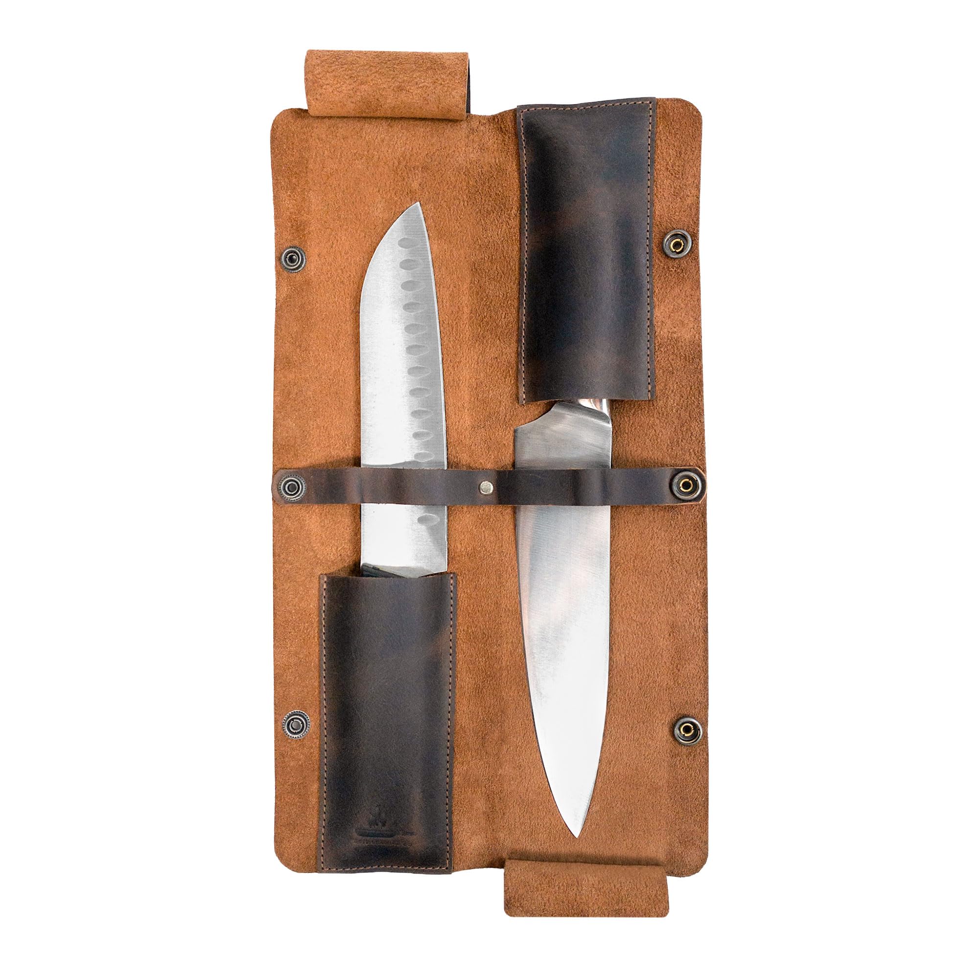 Cast Leather Co., Rectangular Case for 2 Chef's Knives, Foldable Bag for Travel, Culinary Knife Guard, Kitchen Accessory, Full Grain Leather, Handmade, Bourbon Brown