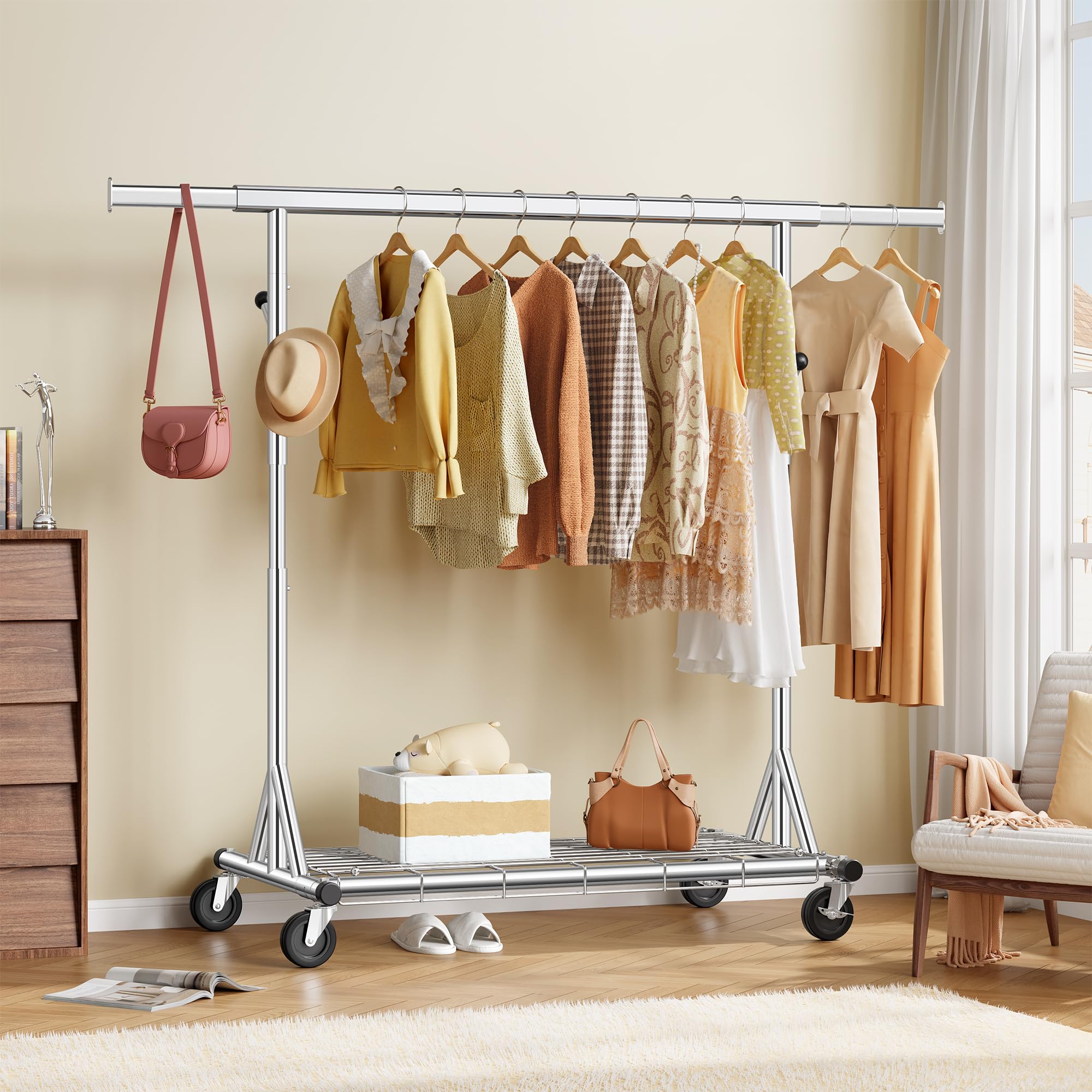 FAVOOSTY Stand Appendiabiti con Ruote, Attaccapanni Estensibile per Carichi Pesanti, Portata Totale 200 kg - 50 x (106-176) x 170 cm, installazione rapida 1 minuto,Argento