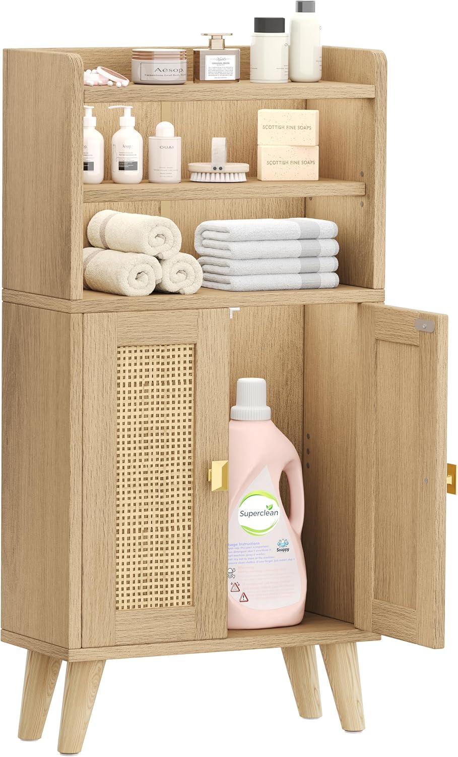 Rattan Small Bathroom Storage Cabinet, Narrow Floor Toilet Paper Storage with 2 Doors and Adjustable Shelf, Bathroom Organizers and Storage for Small Spaces, 7.9''D x 15.0''W x 31.5''H, Natural Oak