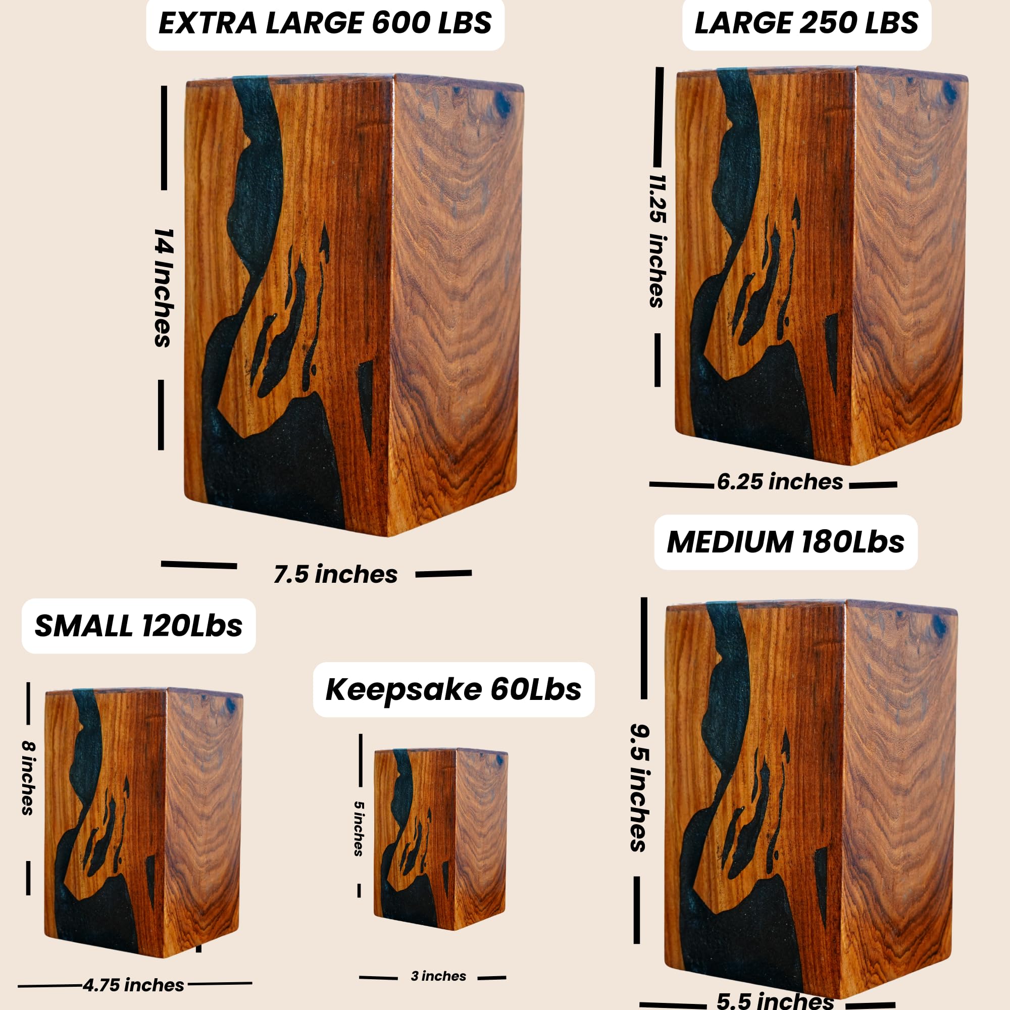 Urna de cremación de madera de rasín negro con patrón de onda, pulida, color azul de madera de rosa, capacidad de 60 pulgadas cúbicas, ideal para entierro o recuerdo