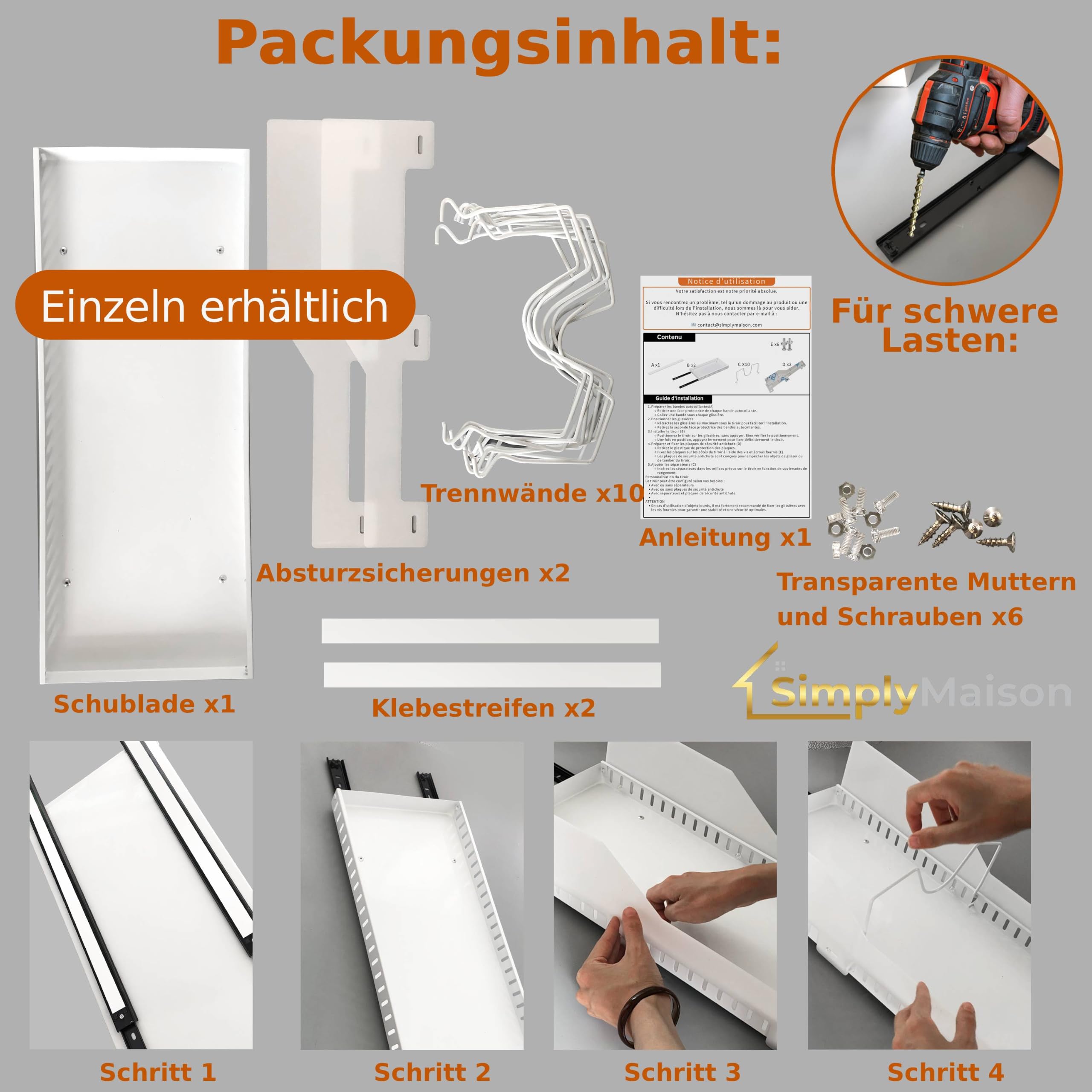 Küchenschublade – vielseitig einsetzbar für Geschirr und Lebensmittel – Deckelaufbewahrung – Küchenschublade – platzsparend – ohne Bohren – robust und praktisch – Fallschutz (2)
