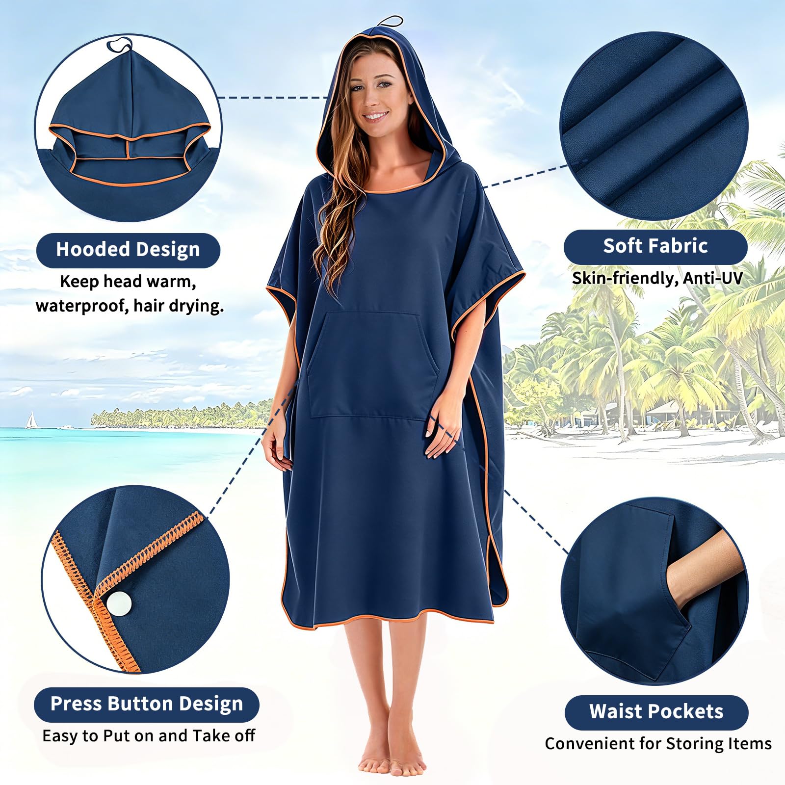 Poncho de Surf de Mujer Hombre, Poncho Toalla Adulto, Toalla de Microfibra con Capucha, Albornoz para Cambiarse, Albornoz de Secado Rápido Cambiador Playa para Surf, Acampar, Natación y Buceo