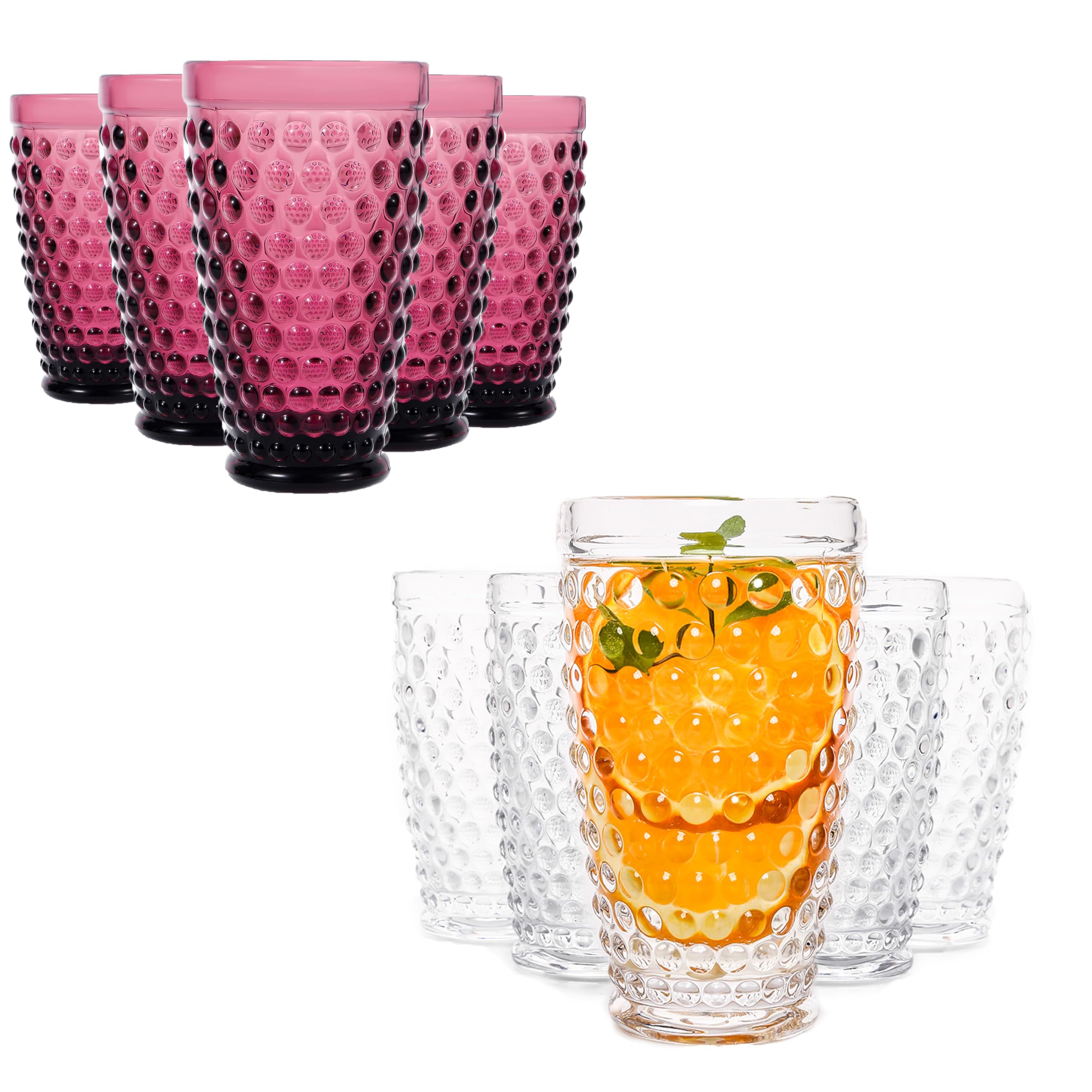G Hobnail Glassware Iced Beverage Drinking Glasses Clear and Purple Set Of 6 13 3 oz Premium Highball