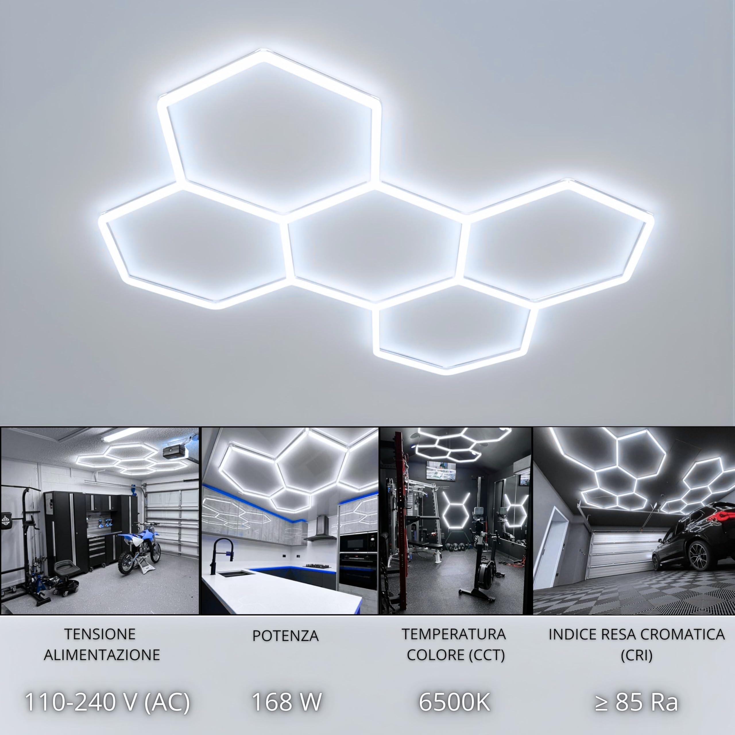 YASTA Plafoniera LED Esagonale 5 Esagoni Garage 168W Luci a Nido D'Ape | Luce Fredda 6500K, Sistema di Illuminazione Modulare Esagonale, Uktra Luminosa, Officina, Palestra e Negozi