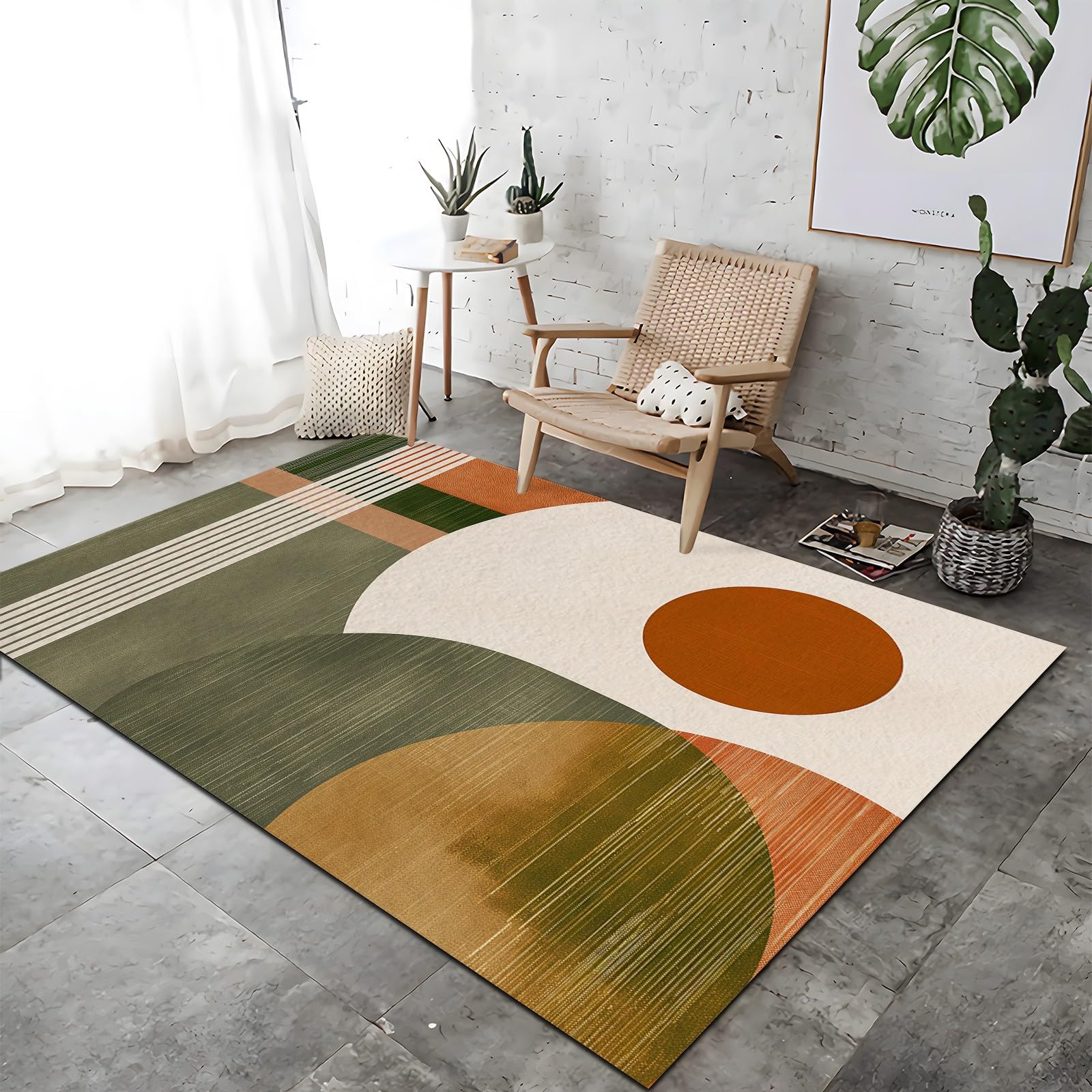 Tapis Salon Lignes Géométriques Modernes Abstraites Cercles Vert Olive Lavable Pile Courte et Douce, Rectangulaire Tapis Chambre Intérieur Extérieur Dessous antidérapant 160x230 cm