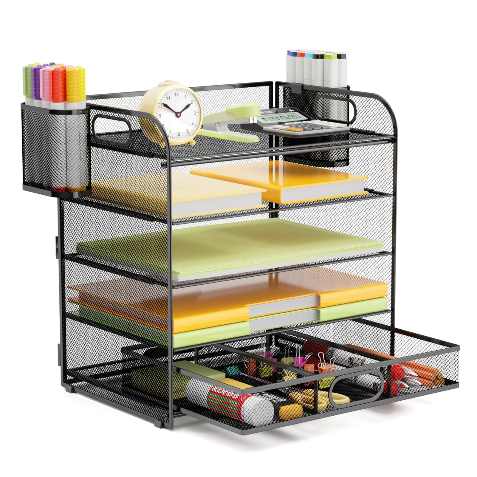 5Tray Desk Organizer with Drawer,Mesh Paper Letter Tray Organizer with Handleand 2Pen Holder,Desktop File Organizer and Storage Office Organization Metal Paper Tray for Letter/A4 Office File Folder