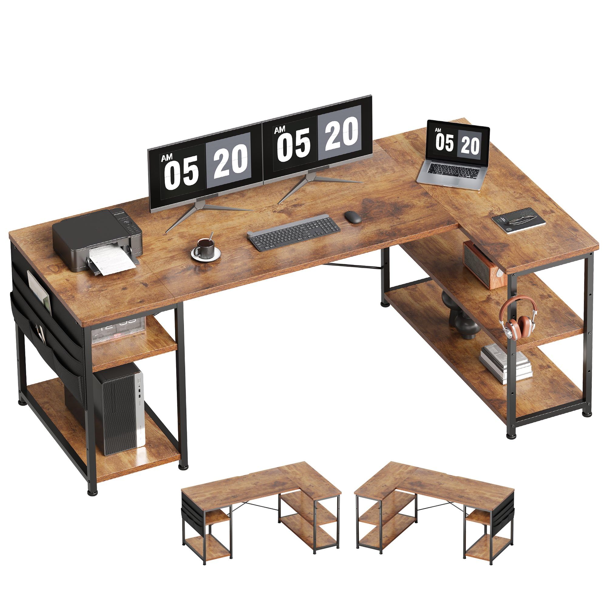 数量限定】リモートワーク 在宅勤務 作業 勉強机 PC ゲーム L字型 収納袋付き 棚板高さ調節可能 コーナーデスク 書斎 pcデスク ゲームデスク  白 ゲーミングデスク 収納ラック付き ゲーミングデスク デスク パソコンデスク 幅130cm ホワイト LE Amazon | YeTom l字デスク  ...