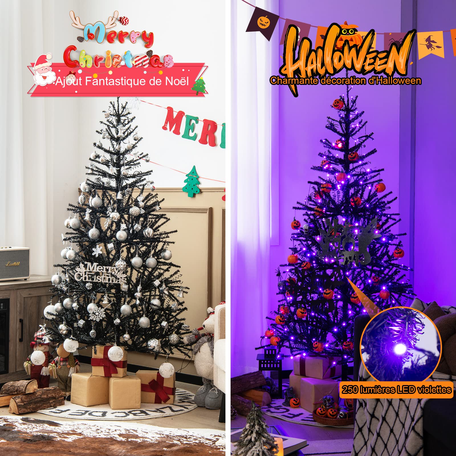 COSTWAY Sapin de Noël Noir 180 CM, 250 Lumières LED Violette et Accessoires d'halloween, Sapin Artificiel d'halloween avec 791 Branches en PVC, Arbre de Décoration pour Maison, Bureau, École