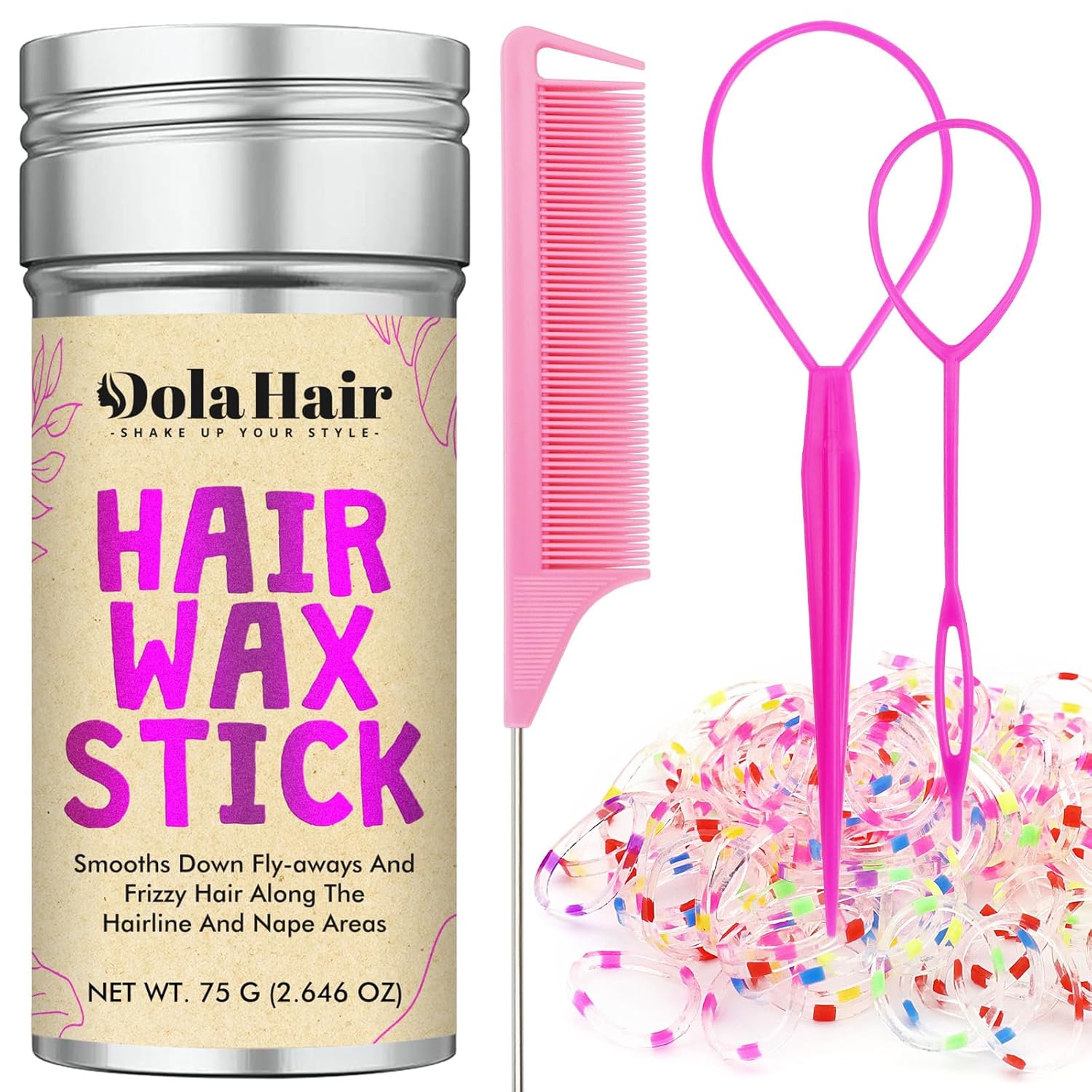 Dolahair Hair Wax Stick & Accessories – Flyaway Control for Kids & Women, 50 Pcs Colorful Elastic Hair Bands, 1 Pcs Slick Back Hair Brush, 2 Hair Loop Styling Tools (Pink)