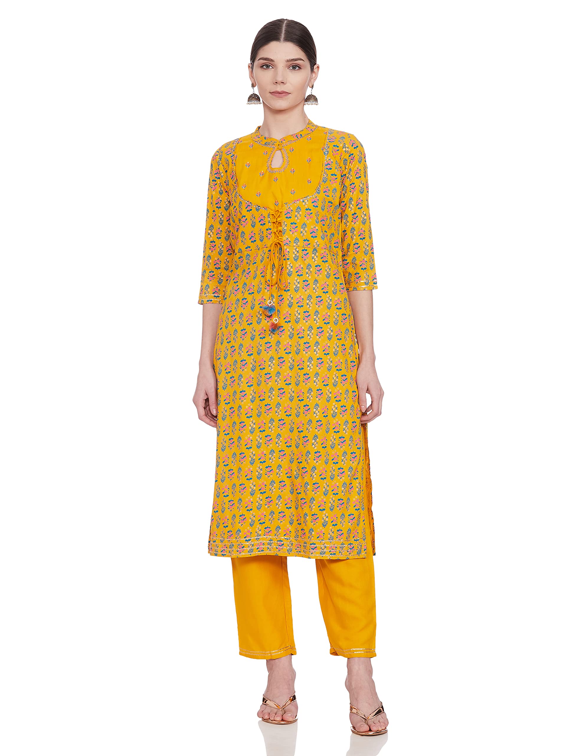 Anubhutee Women's Cotton Yellow Floral Printed Straight Kurta Suit Set With Pants