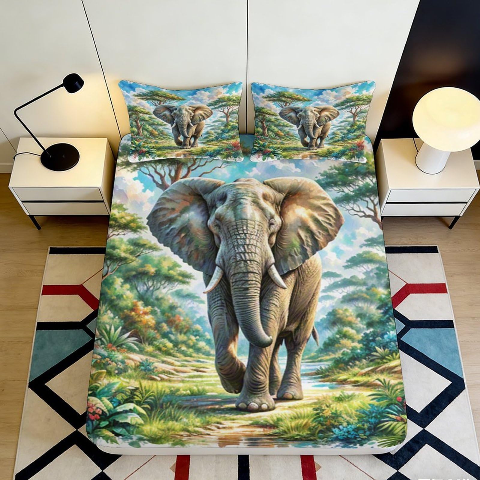 3D Printed Elephant Design Fitted Sheet Microfiber Soft Breathable African Wildlife Bed Cover for Bedroom Dormitory Guest Room Mattress Protection 120x200x25cm