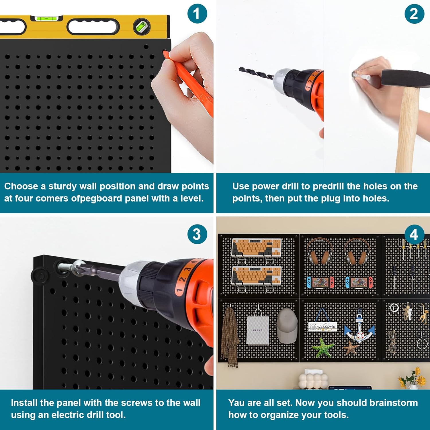 Metal Peg Board Kit with 1/4" Pegboard Accessories,Include 16.5"X13" Peg Board and Extra Thick Pegboard Accessories,Wall Organizer PegBoard Panels Tool Organizer Storage System (128)