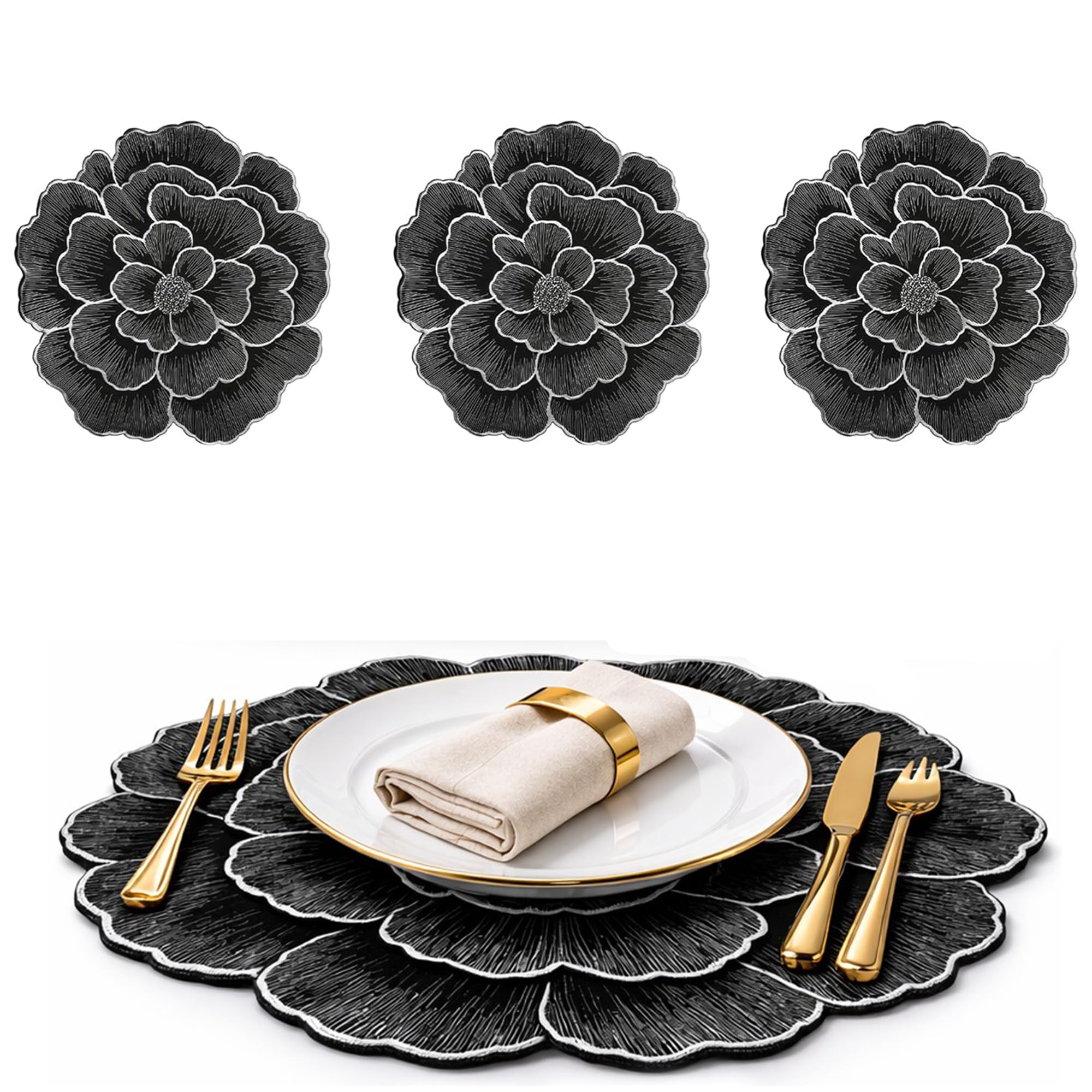4 x Dubai Table Placemats 38cm Round Woven Flower Design Placemats Heat Resistant Table Mats for Dining Kitchen Table Decor (Black)