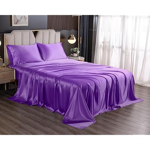 Queen Sheet Set Satin Sheets and Pillowcase Sets Silky Soft Cooling Bed Sheets Set Deep Pocket Luxury Breathable Sheet 90 GSM (4 Piece, Purple)