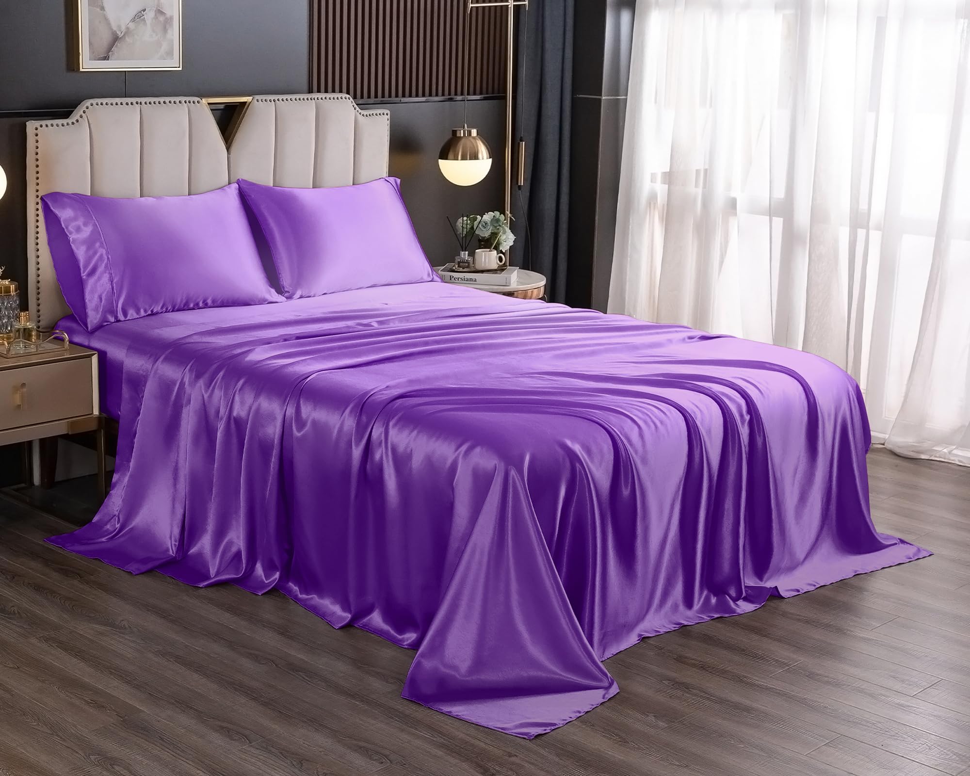 Juego de sábanas de satén y fundas de almohada tamaño Queen, con bolsillo profundo, sedosas, suaves, transpirables, microfibra 1800 (4 piezas, morado)