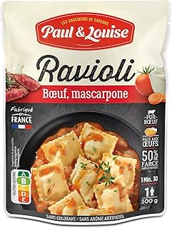 Paul & Louise Ravioli Boeuf, Mascarpone 300g - Sachet micro-ondable - Prêt en 1 minute 30 - Pâte aux œufs - Pur Boeuf - 100% origine France - Sans colorant - Sans arôme artificiel - Nutriscore B