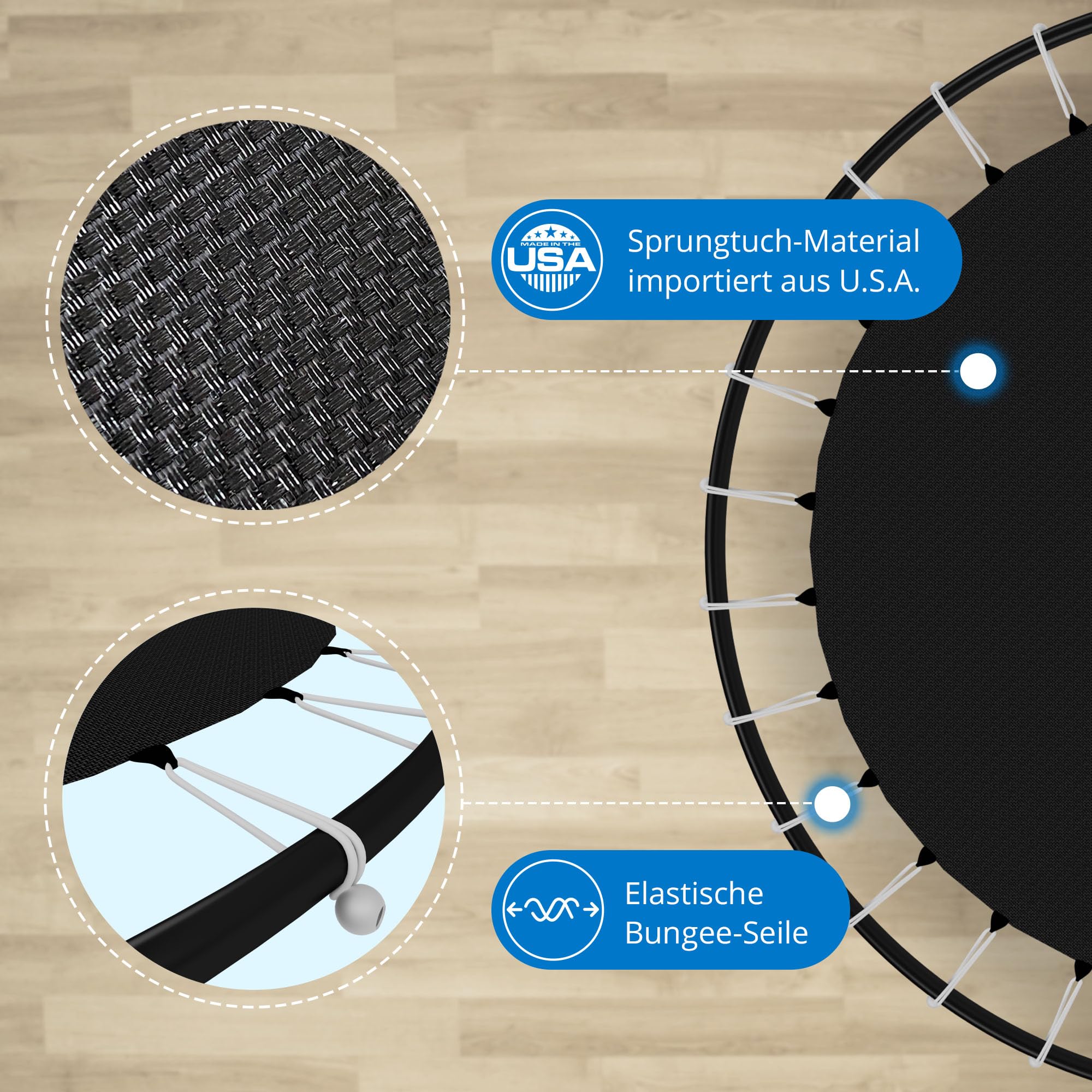 KINETIC SPORTS Kinder Trampolin Jumper 140 cm - Inklusive Gummiseil Federung, Sicherheitsnetz mit Reißverschluss, Rahmenpolster, Schutz Bodennetz - Indoor Kindertrampolin Spielzeug