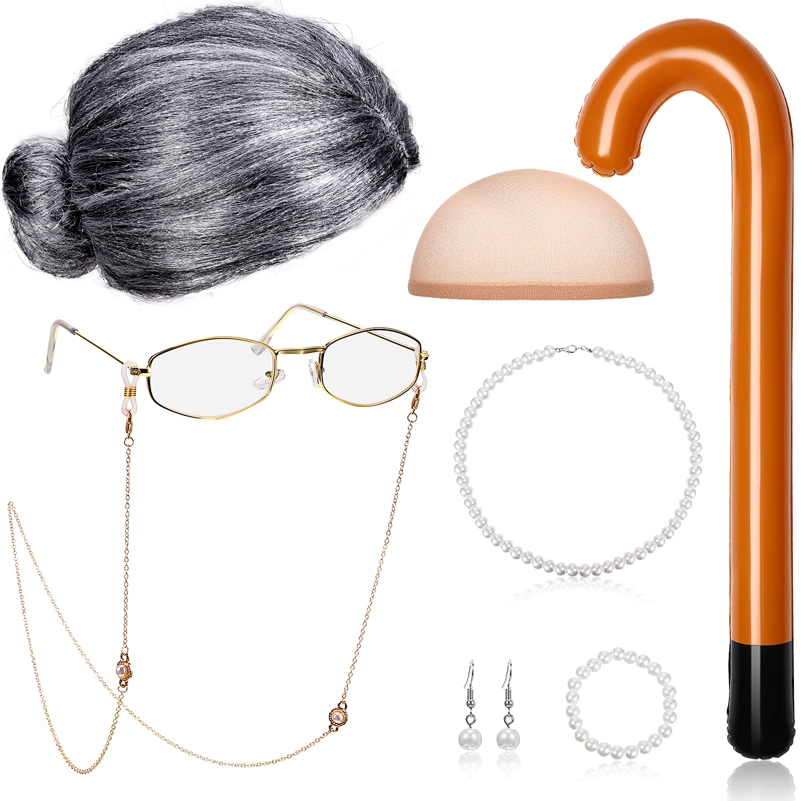 Hicarer Old Lady Cosplay Set, Granny Wig, Inflatable Cane, Glasses Chain Cords, Faux Pearl Bead Necklace for Halloween Costume Cosplay (Gray Bun Wig)