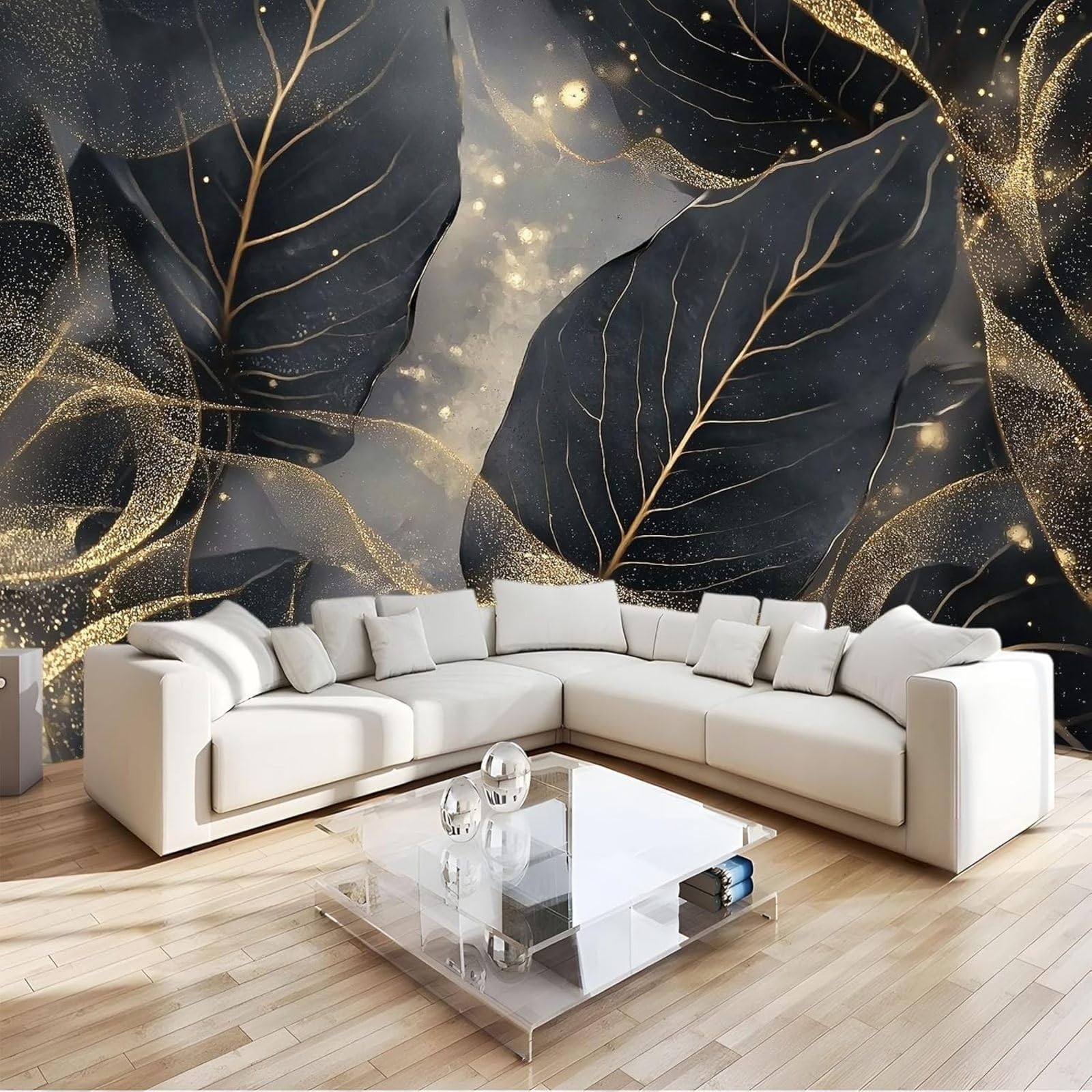hgjdjhnf Abstract Leaves Textured Non-Woven Art Photo Wallpaper Gold Bedroom Living Room Black 250cm x 175cm