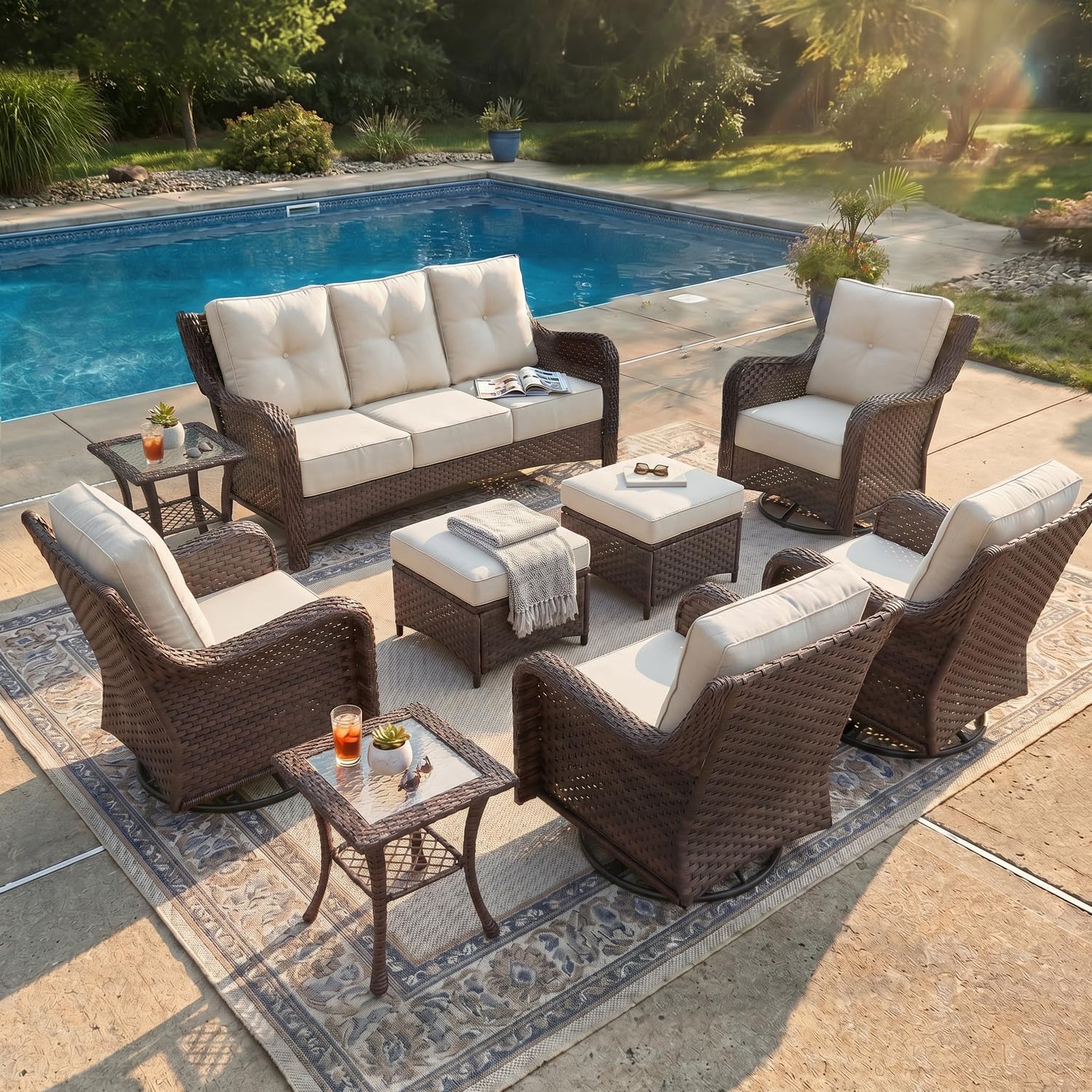 LayinSun 9 Piece Wicker Outdoor Furniture Set with 6-inch Comfy Cushions