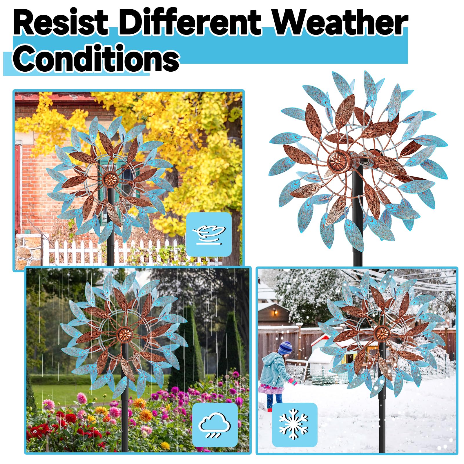 Metall Windrad Garten Dekoration mit Federblättern in Retro-Farben - Elegante Windspiele für Garten, Rasen und Terrasse, Windskulptur Spinner mit Metallpfahl (Blau+Braun)