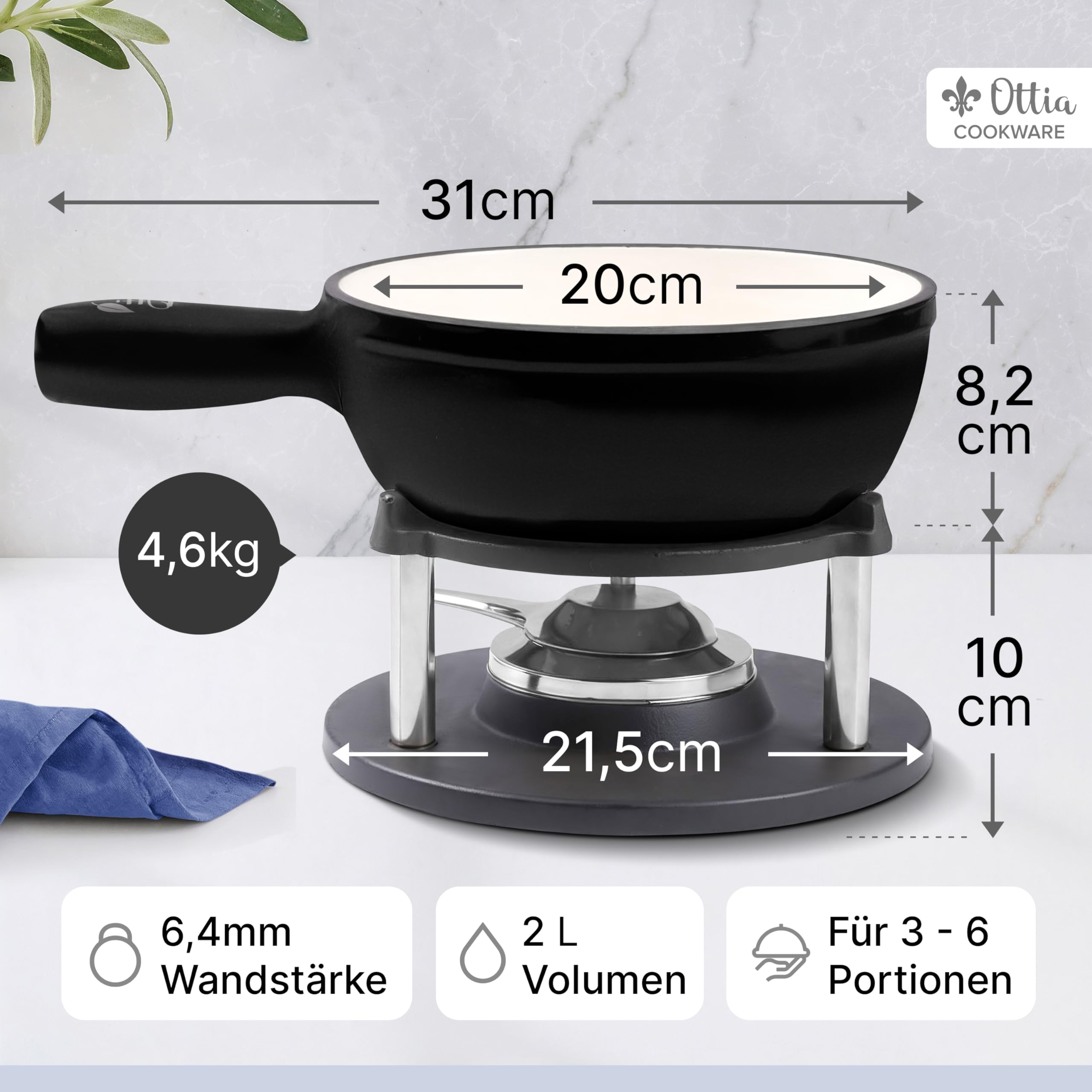 Ottia HH Service à fondue en fonte et émail pour 2, 3, 4, 5, 6 personnes Convient pour fondue au fromage, à la viande, au chocolat, sans substances nocives, avec brûleur, fourchettes et livre de