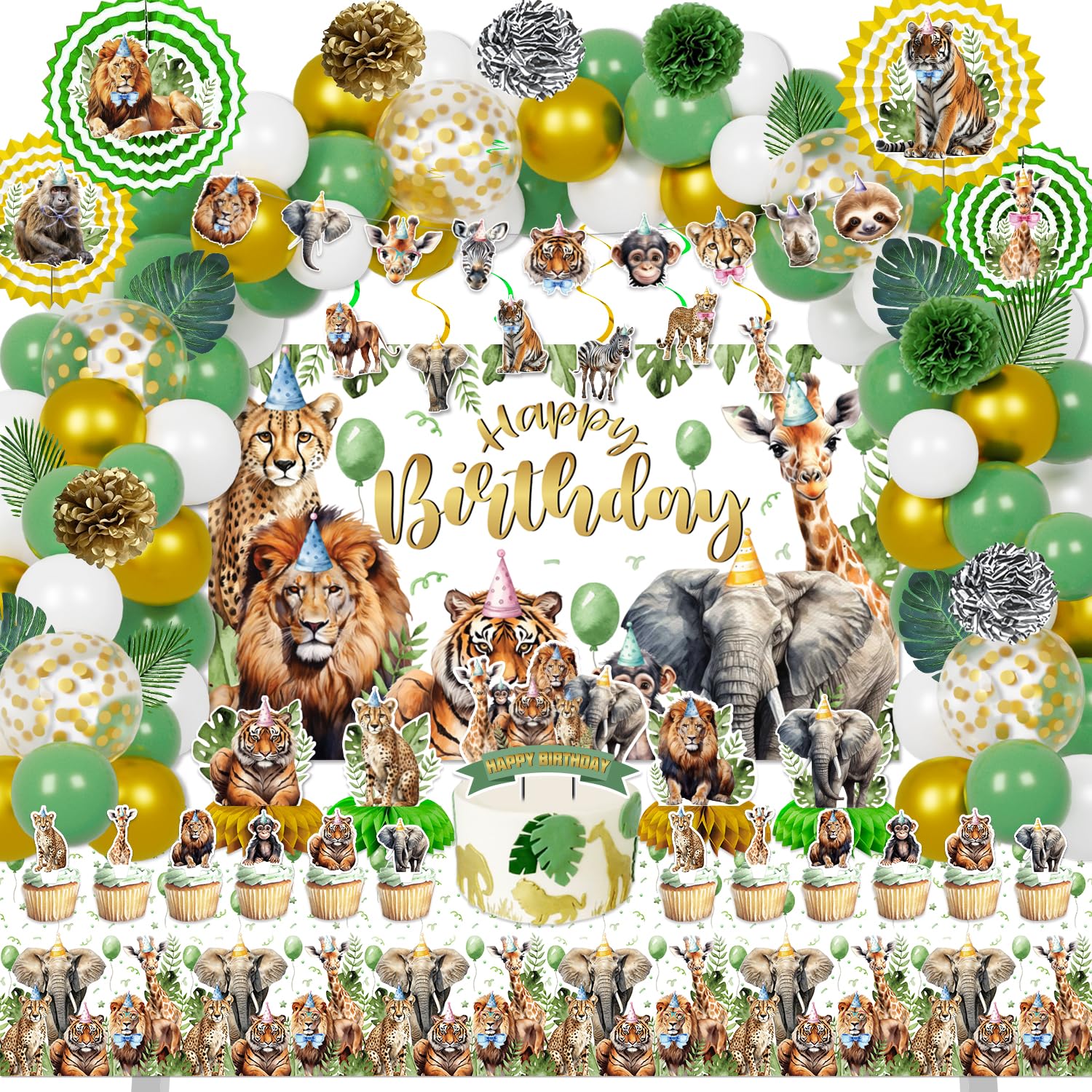 Mpanwen Safari Jungle Birthday Party Decorations, 125 Pcs Safari Zoo Animal Theme Party Supplies for Baby Boys - Backdrop, Cupcake Toppers, Palm Leaves, Tablecloth, Paper Honeycomb, Fans Pompoms
