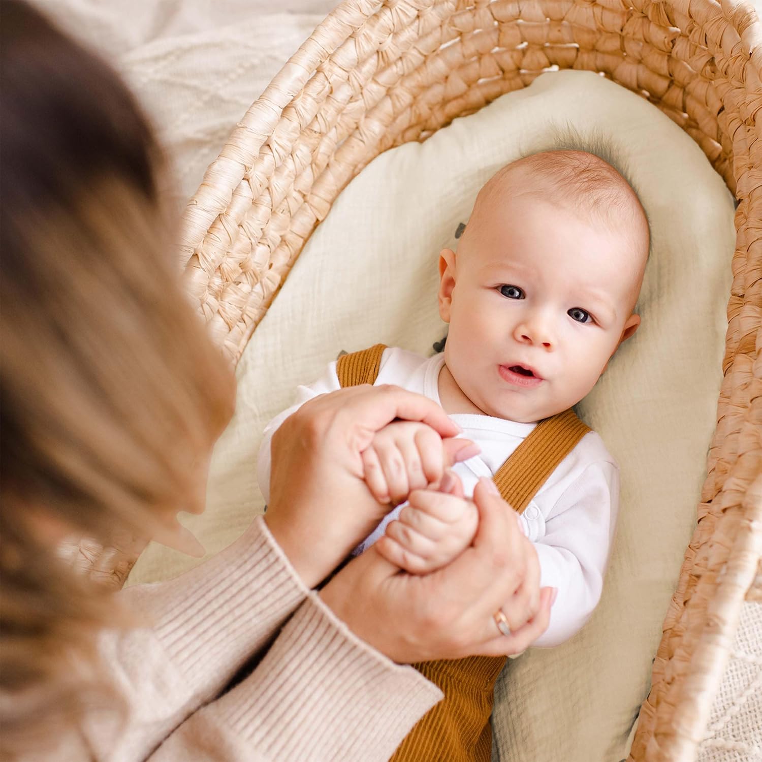 Muslin Bassinet Fitted Sheets, 2 Pack for Baby Boy and Girl, Soft Breathable Stretchy Baby Pad/Mattress Sheet Set, Universal Fit for Hourglass Oval and Rectangle Bassinet Mattress (Gentle Colors) - Image 6