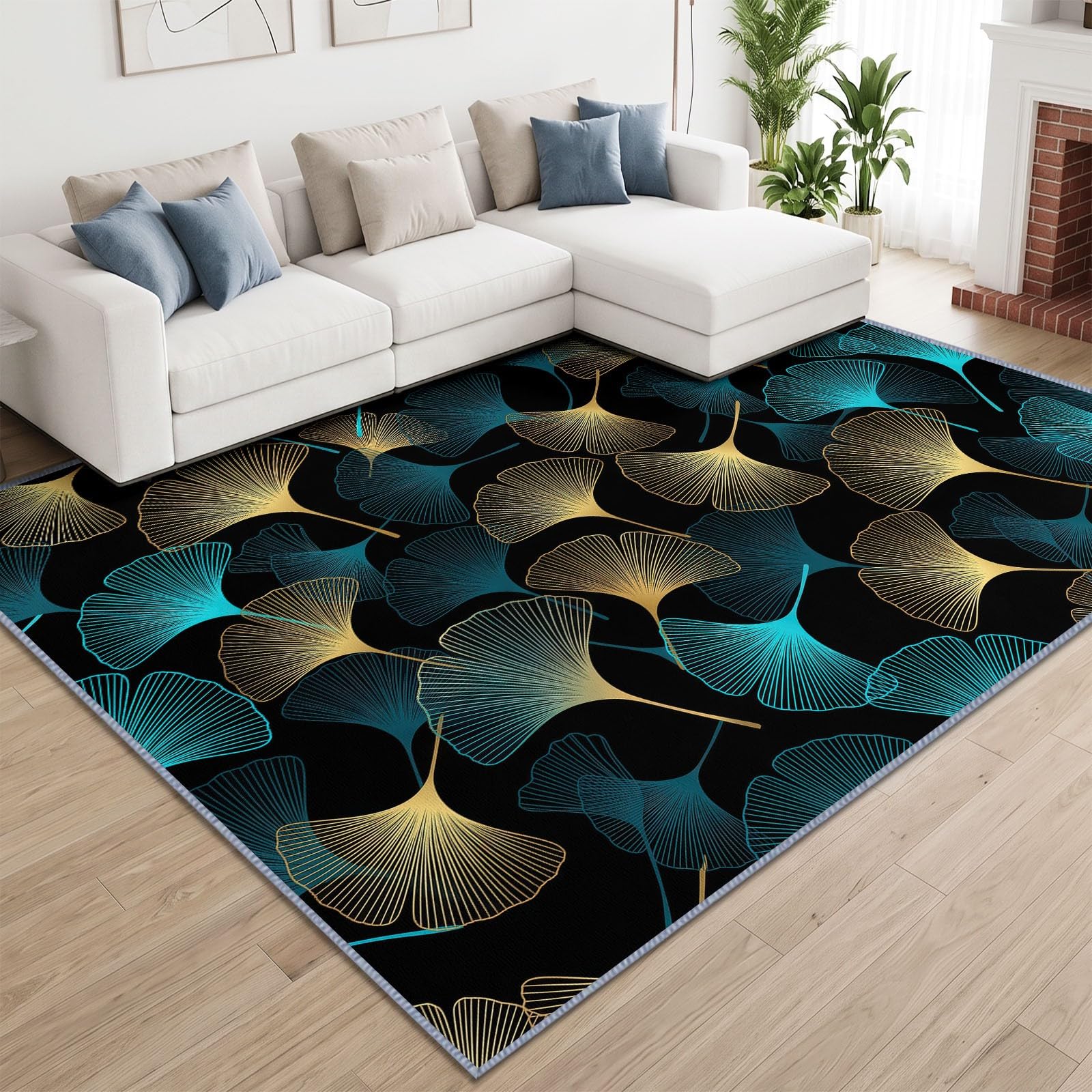 Waschbarer Wohnzimmerteppich 180 x 240 cm Abstrakt Fächerförmig Pflanze Ginkgoblatt Flauschig Weich Teppiche, Gelb Blau rutschfest Pflegeleicht Teppiche für Wohnzimmer Schlafzimmer Kinderzimer