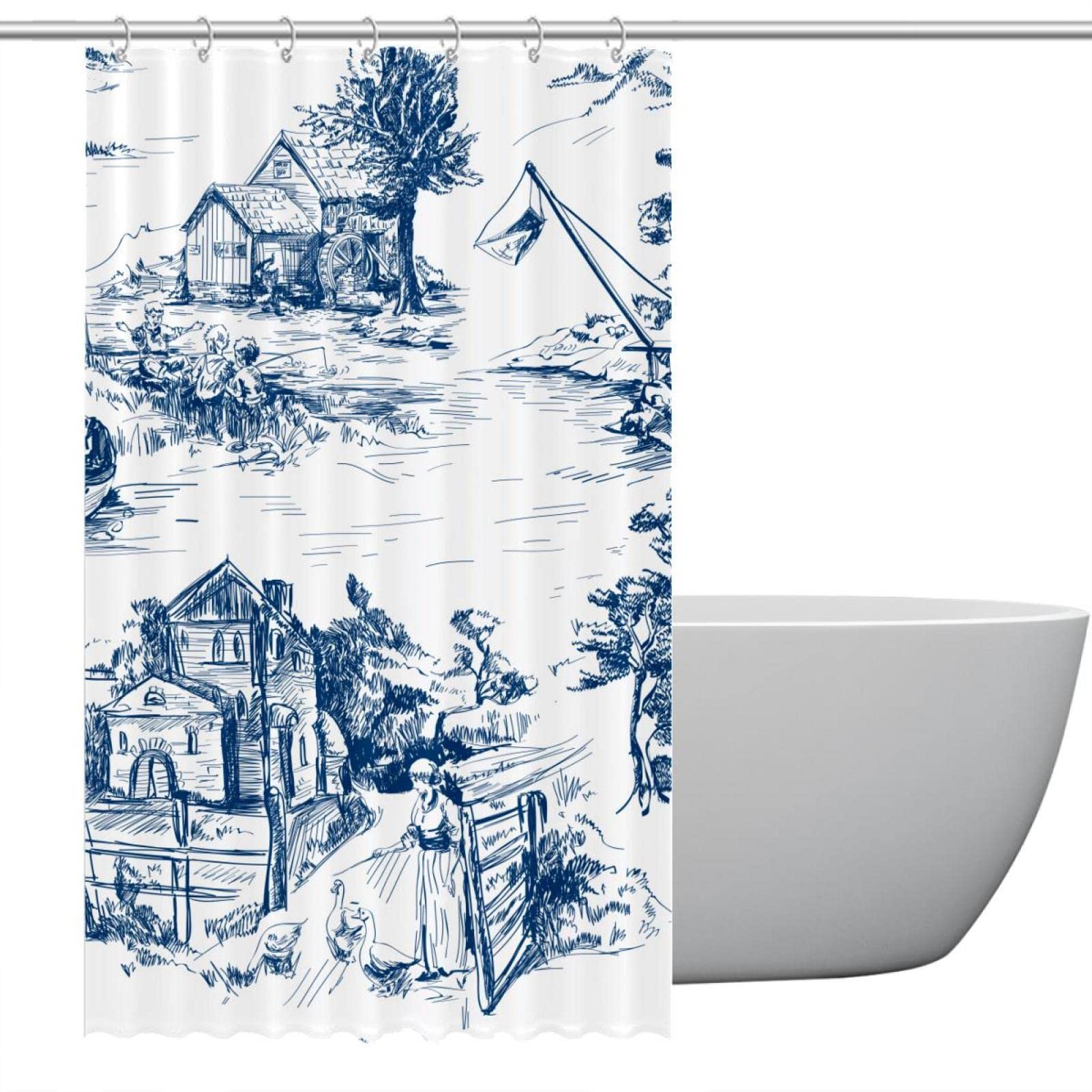 MaikolerPolyester Fabric Waterproof Shower Curtain or Liner Bath Stall Size Scenes Of Fishing In Toile De Jouy Style In White And Blue Color Hotel Bathroom Curtains with Grommets, 48x72
