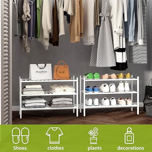 Miniatura 15 de BMOSU - Estante de zapatos pequeño apilable de 3 niveles de bambú premium, organizador de almacenamiento para pasillo, armario, sala de estar y