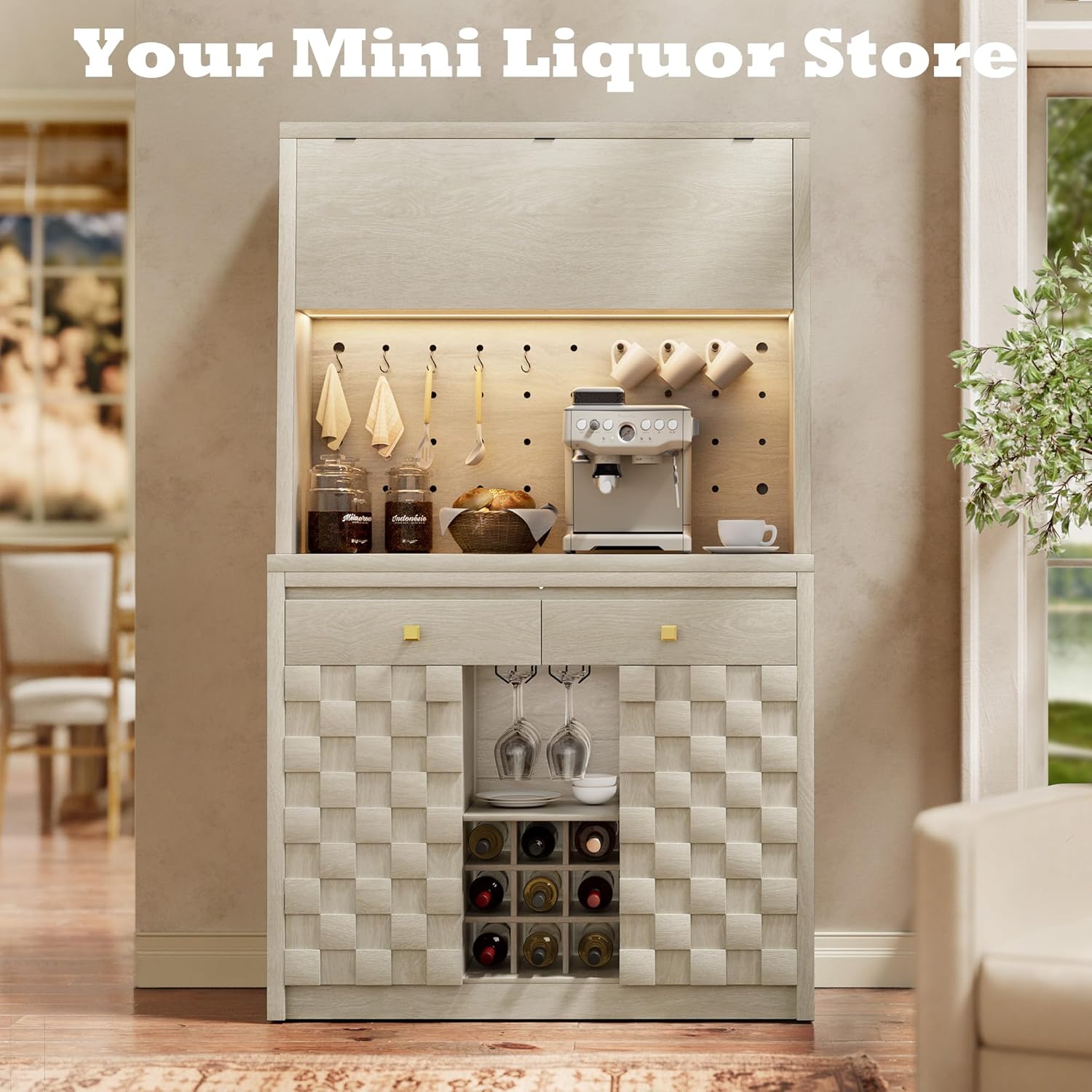 STO'SENSE 71.1" Tall Kitchen Pantry with Charging Station & LED Light, Sideboard Buffet Storage Cabinet with Hydraulic Flip Up Door, Drawers, Pegboard, Cupboard for Dining Room