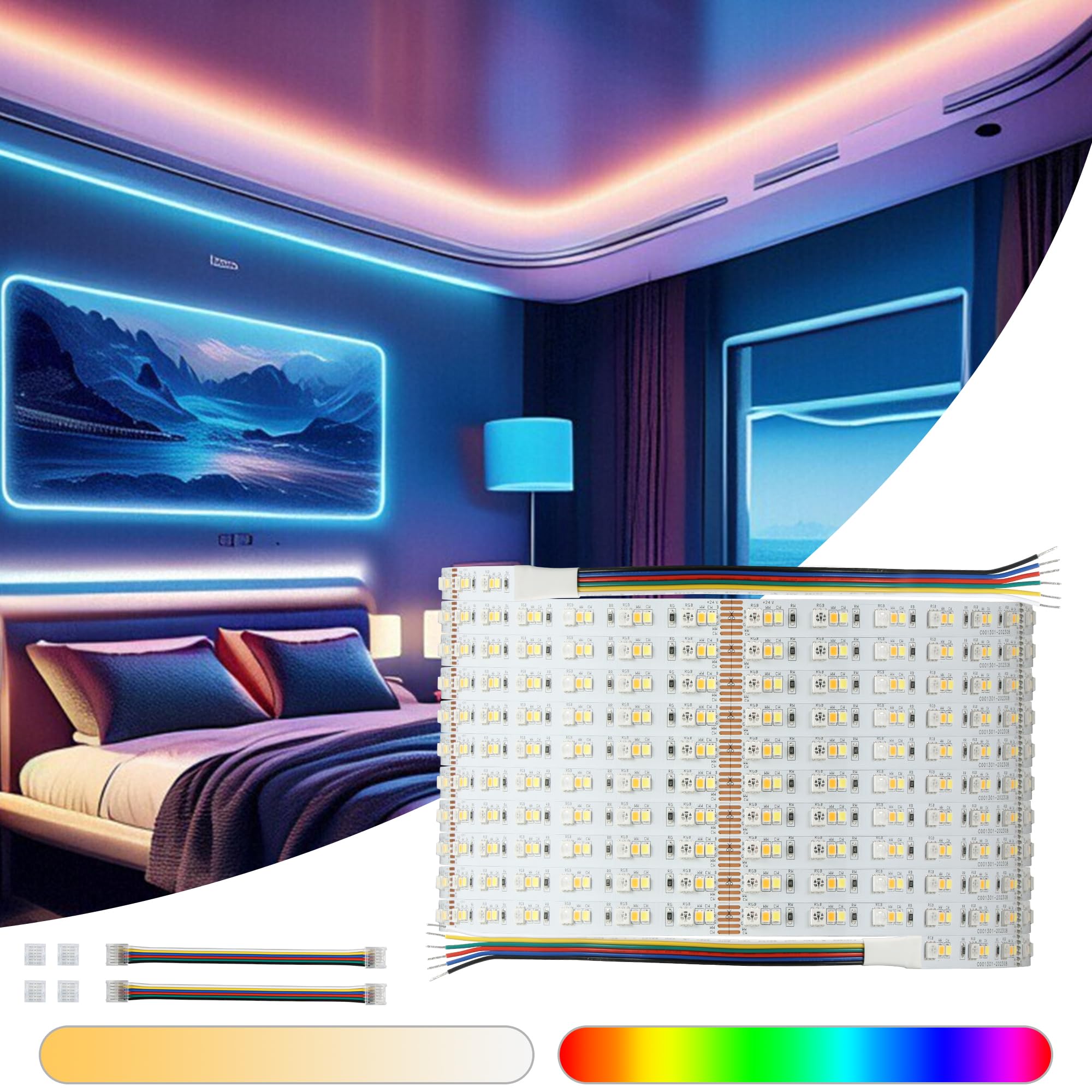 XXK C5 RGBCCT LED Strip Light 2700K-6000K, 16.4ft Flexible LED Ribbon Light, DC24V 608LEDs 14W/M 12mm Width Dimmable LED Tape Lights for Bedroom, Halloween, Christmas, TV, Kitchen Cabinet, Closet