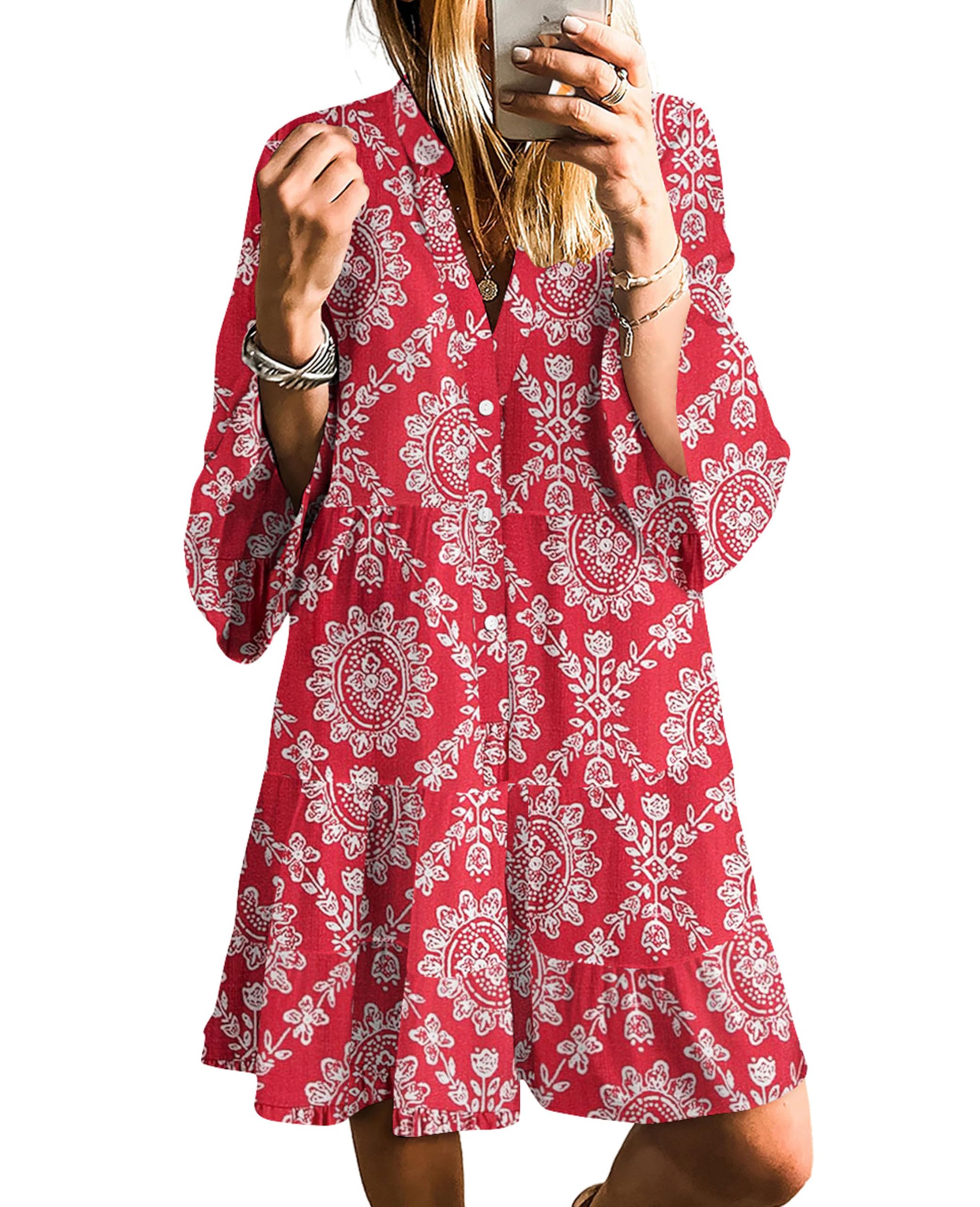 SELINK Womens Long Sleeve Dresses Casual V Neck Tribal Print Button Flowy Boho Mini Beach Dress