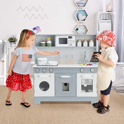 Miniatura 8 de Costzon Juego de cocina para niños, juguete de cocina de madera con fregadero y grifo, microondas, estante para platos, lavadora, cocina de juego