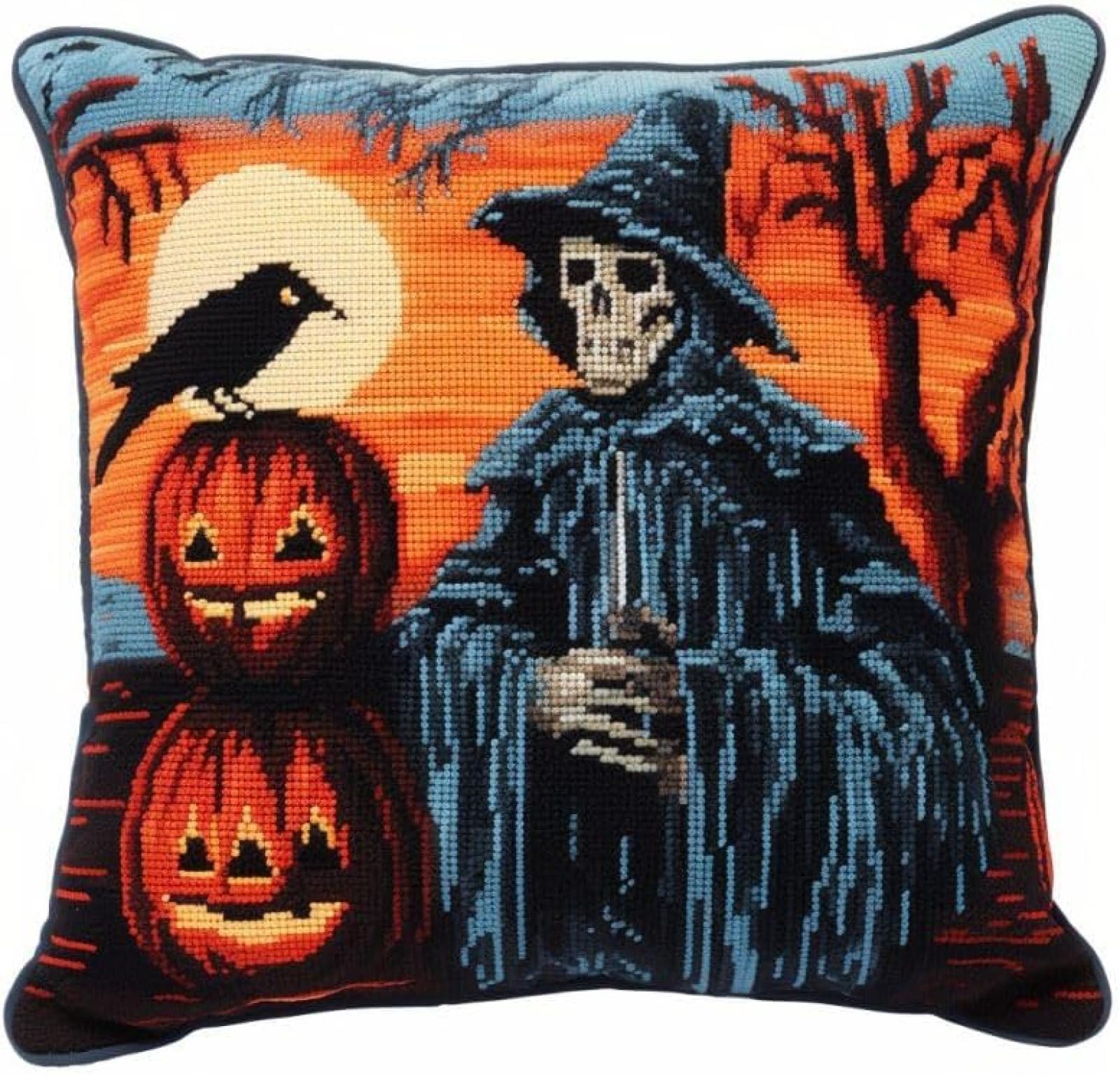 Ansiweigo Multicoloured Halloween Ghost Crow Latch Hook Pillow Kits Cover Diy Cushion Cross Stitch Latch Hook Pillowcase Rug Kits With Pre Printed Canvas Crochet Yarn Kits Needlework Crafts,43X43cm/17X17inch