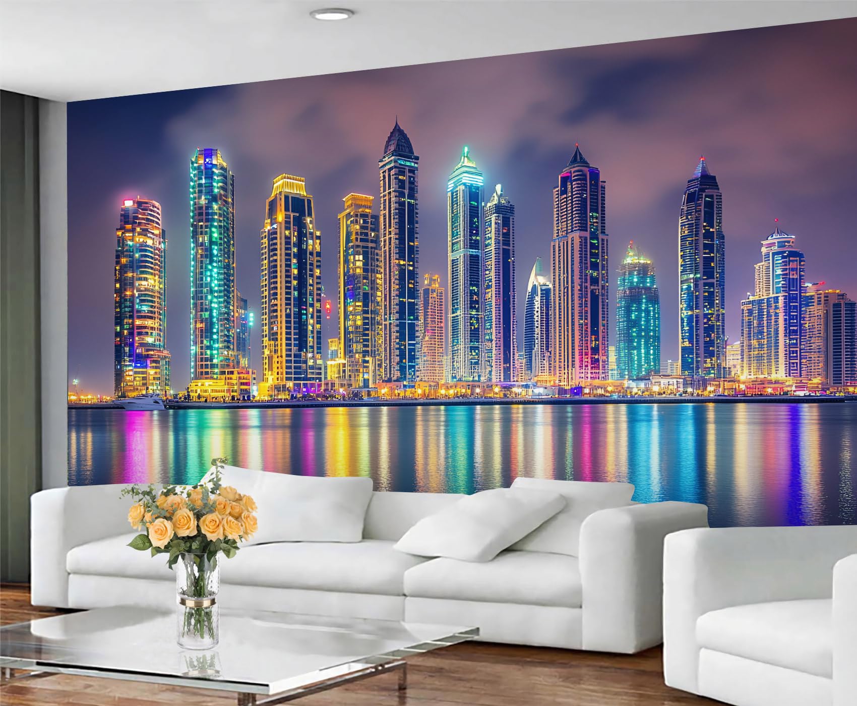 GIVLWF City Lights Wallpaper - Illuminated Skyscrapers Mural Wallpaper - Colorful Reflections Bedroom Wall Paper for Living Room Non Self Adhesive Urban Skyline Wall Murals & Home Decor
