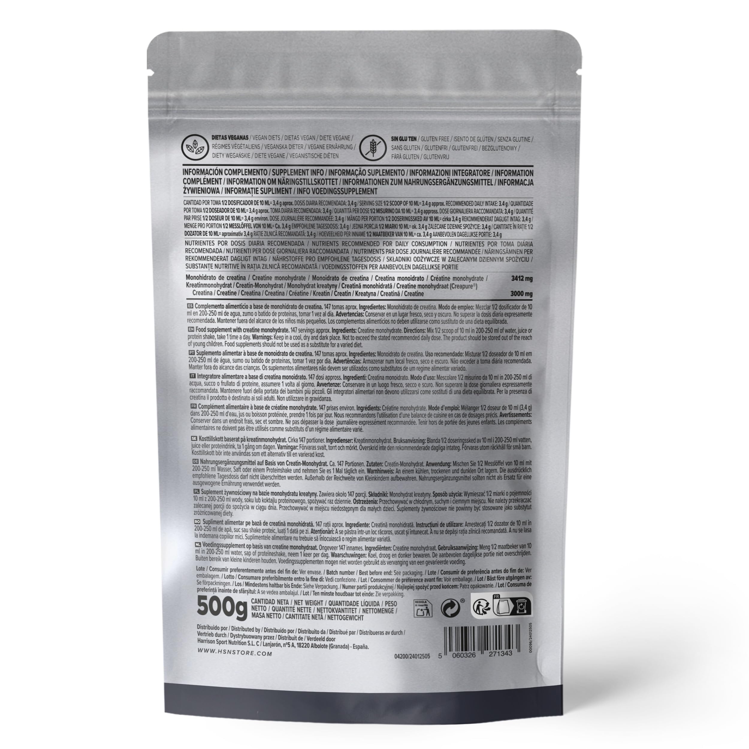 HSN Creatina 100% CREAPURE en Polvo Sin Sabor 500g | 100% Monohidrato de Creatina Micronizada | No Incluye Dosificador | Sin Añadidos y Libre de Contaminantes | No-GMO, Vegano, Sin Gluten