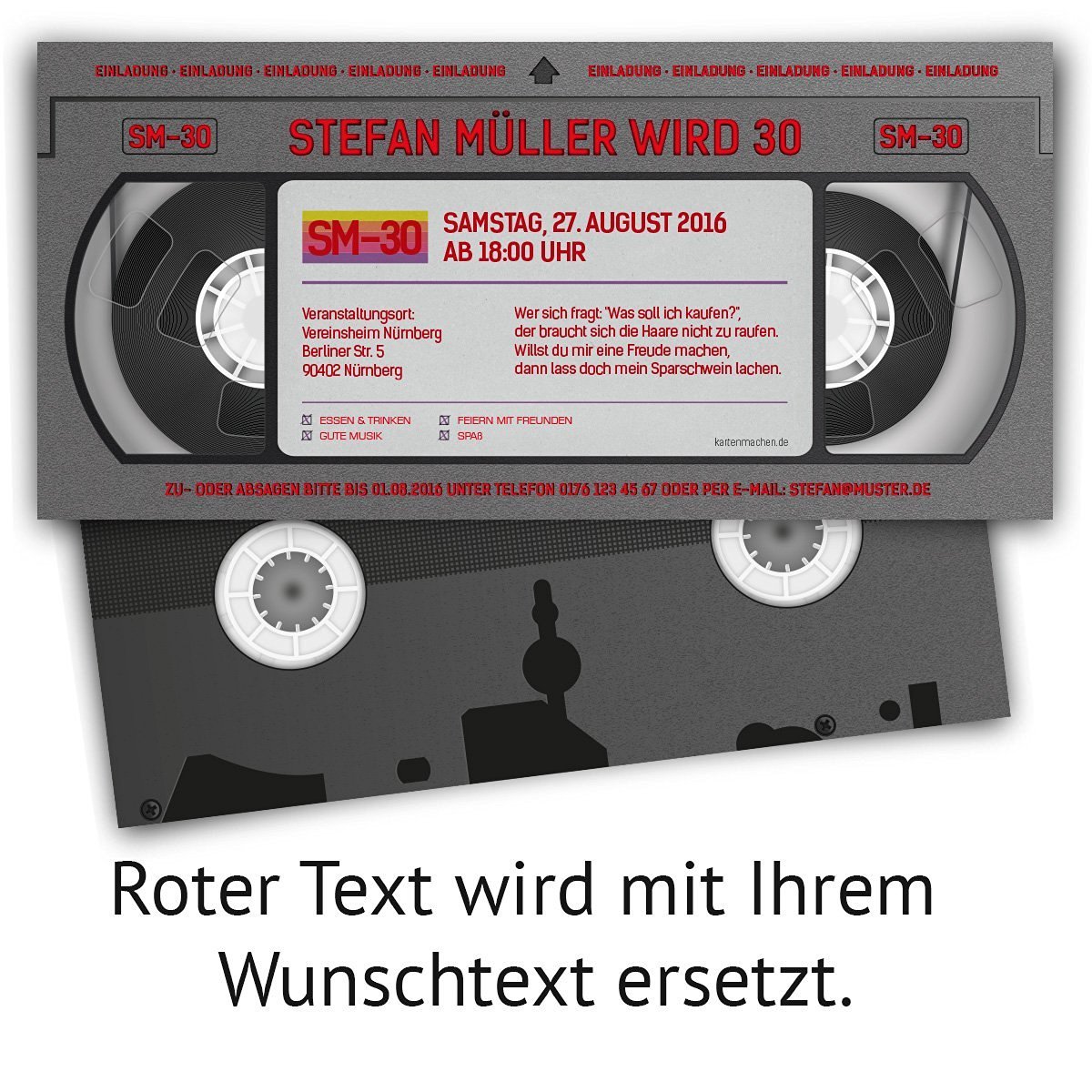 Einladungen im Videokassette VHS Motiv (30 Stück) – Vintage Geburtstag Einladungskarten