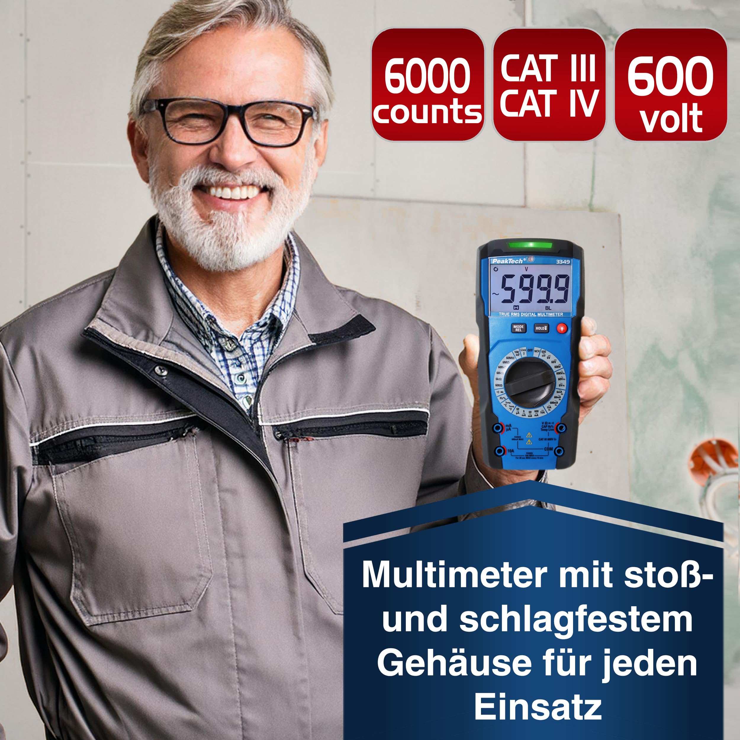 PeakTech P 3349 - Multimetr cyfrowy TRMS 6,000 zliczeń, prąd i napięcie AC/DC, rezystancja, pojemność i ciągłość, 600V / 10A - CAT III