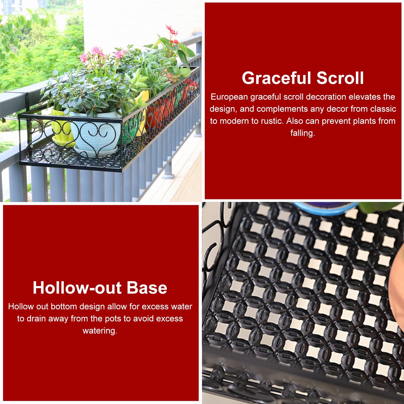 Support de Plantes Suspendu pour Balcon en Métal Noir, Étagère de Balustrade pour Pots de Fleurs, Résistant à la Rouille, pour Terrasse et Jardin