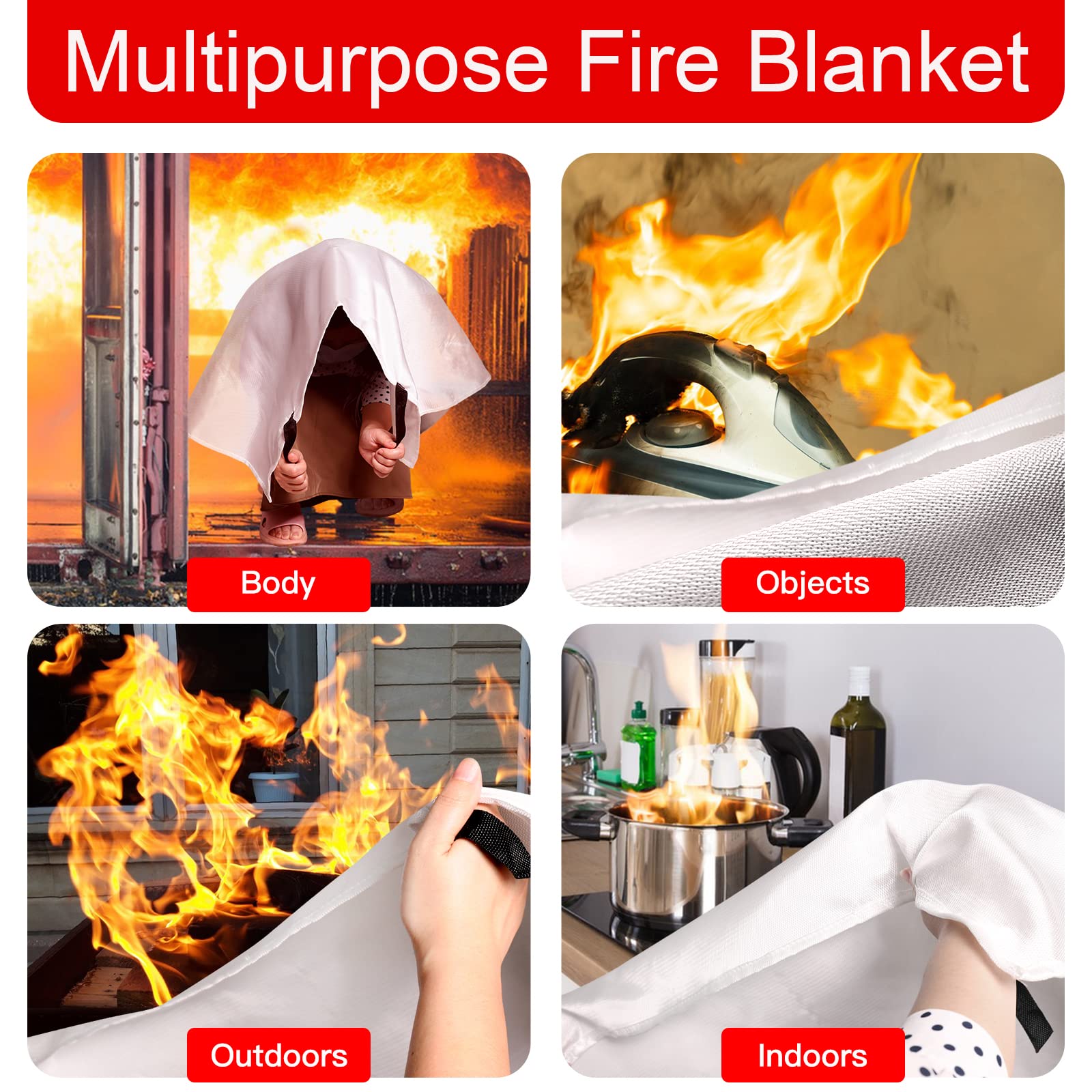 Manta de emergencia contra incendios para la cocina del hogar, paquete de 2 unidades de 3.3 x 3.3 pies, de fibra de vidrio, retardante de llama, seguridad para sofocar el fuego, kit de supervivencia