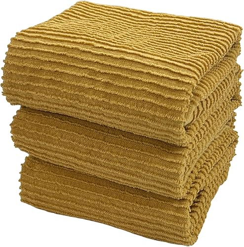 Toallas de cocina acanaladas amarillas mostaza 100% algodón paño de limpieza suave secado absorbente Terry Loop, juego de 3 multiusos para uso diario